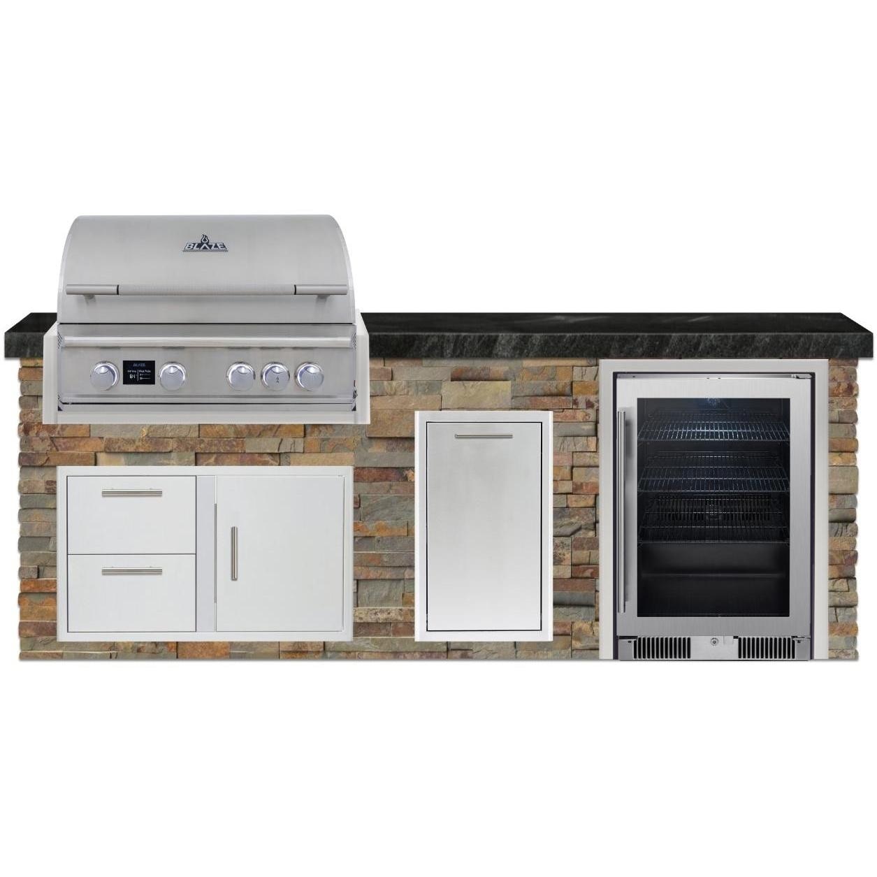 BBQGuys Signature 8 Ft Grill Island w/ 32 Inch Propane Blaze Premium LTE Pro Grill, Beverage Center, Double Trash Bin & Door & Drawer | Gold Rush w/ Black Granite - Angled - White Background thumbnail