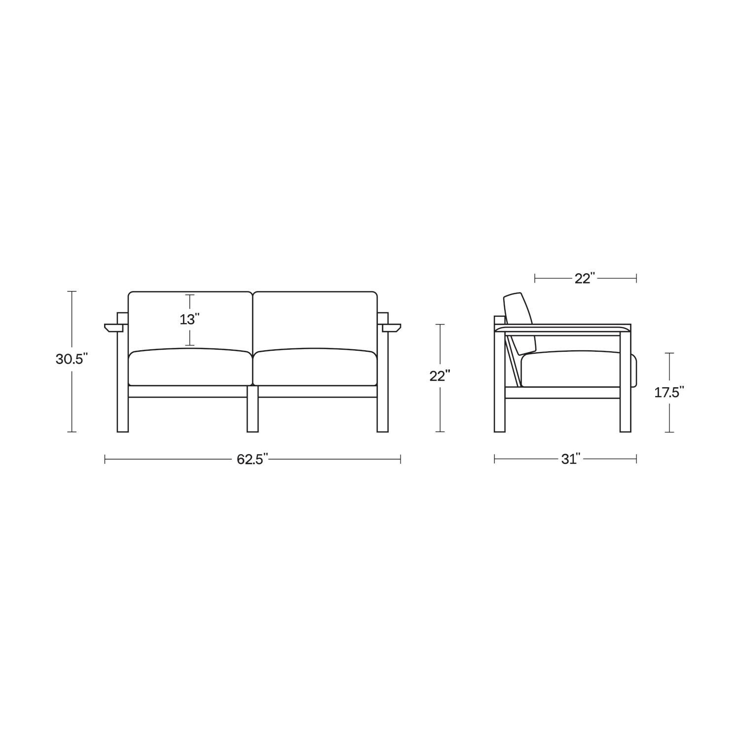 Neighbor HVN-LOVE-AS-2 Loveseat W/ Teak Arms - Dimensions thumbnail