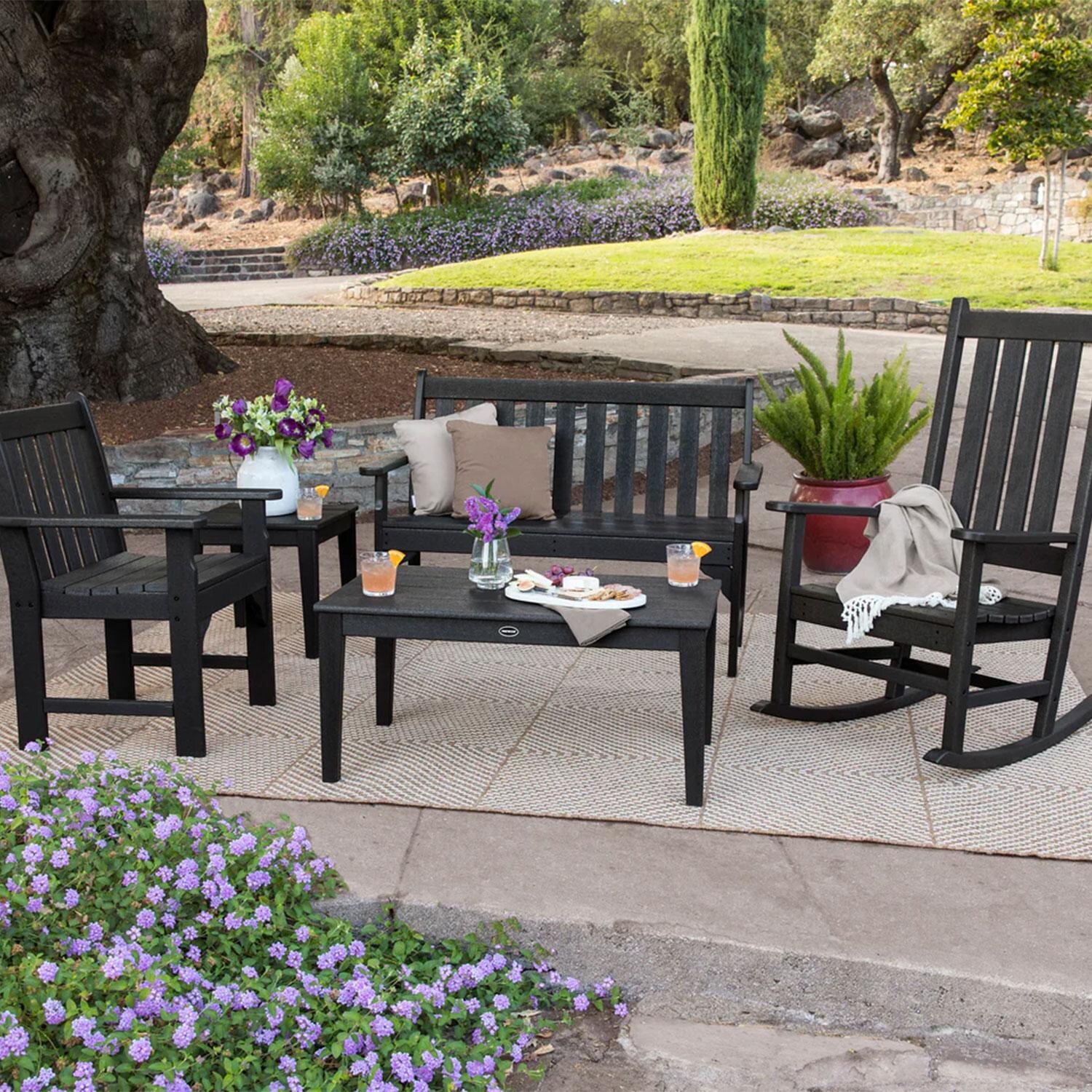 POLYWOOD Slate Grey Vineyard 5-Piece Bench & Rocking Chair Set - Back Patio - Shown in Black finish - Lifestyle thumbnail