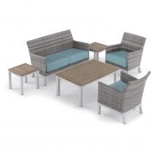 Argento 6 Piece Wicker Patio Conversation Set W/ Tekwood Vintage Tables & Ice Blue Cushions By Oxford Garden image