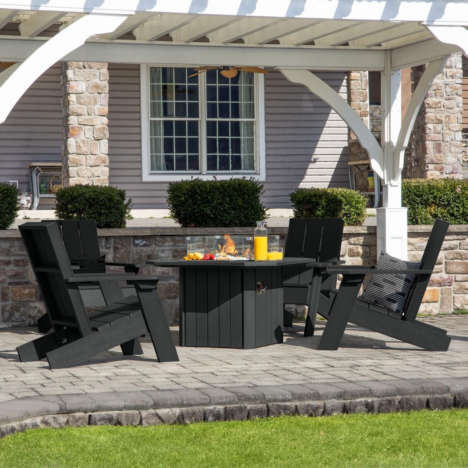 Harborview 5 Pc Adirondack Set W/ Fire Pit Table in Black by Lakeview Outdoor Designs - Side View - Lifestyle thumbnail