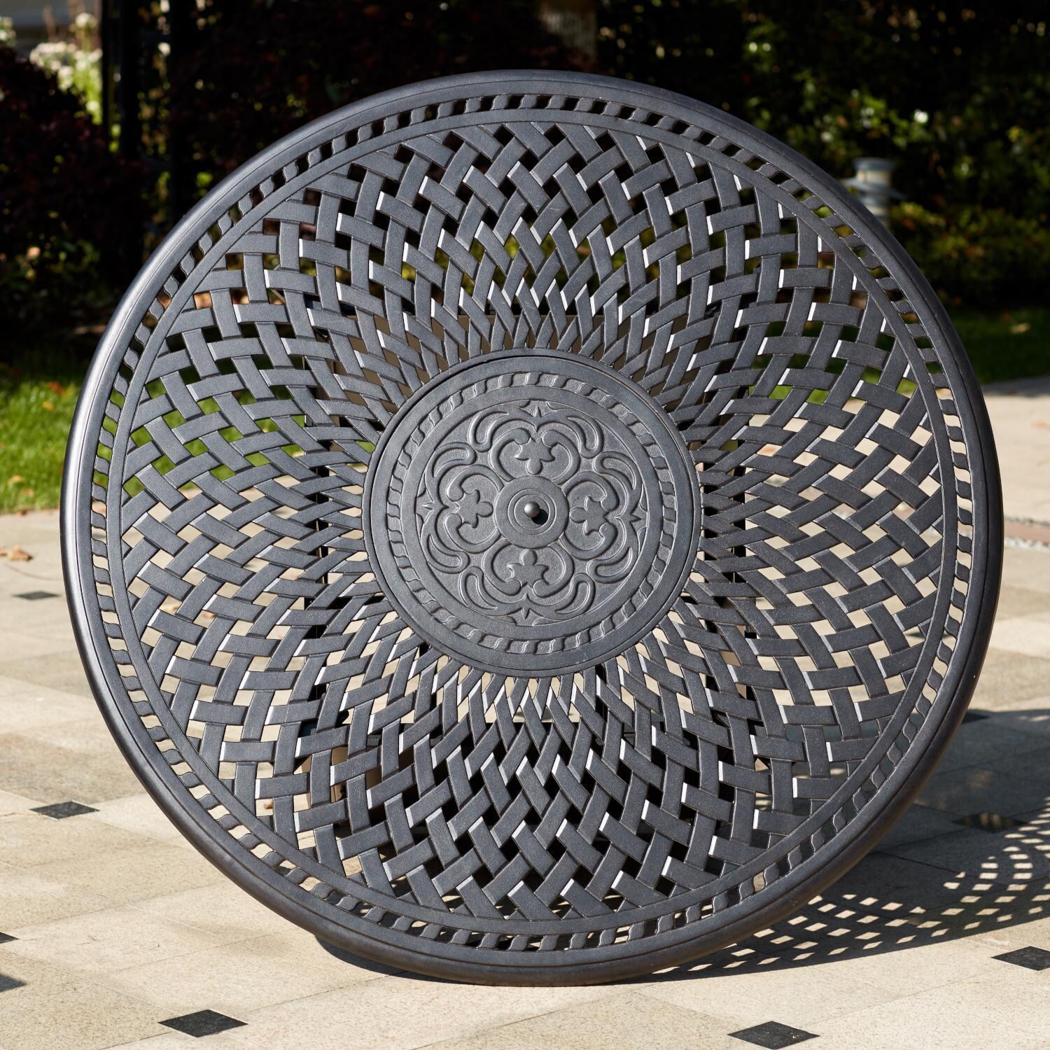 Darlee 201010-7PC-60GD Santa Barbara 7 Piece Cast Aluminum Patio Fire Pit Dining Set W/ 60 Inch Round Table & Beige Canvas Cushions - Fire Pit Table Top thumbnail