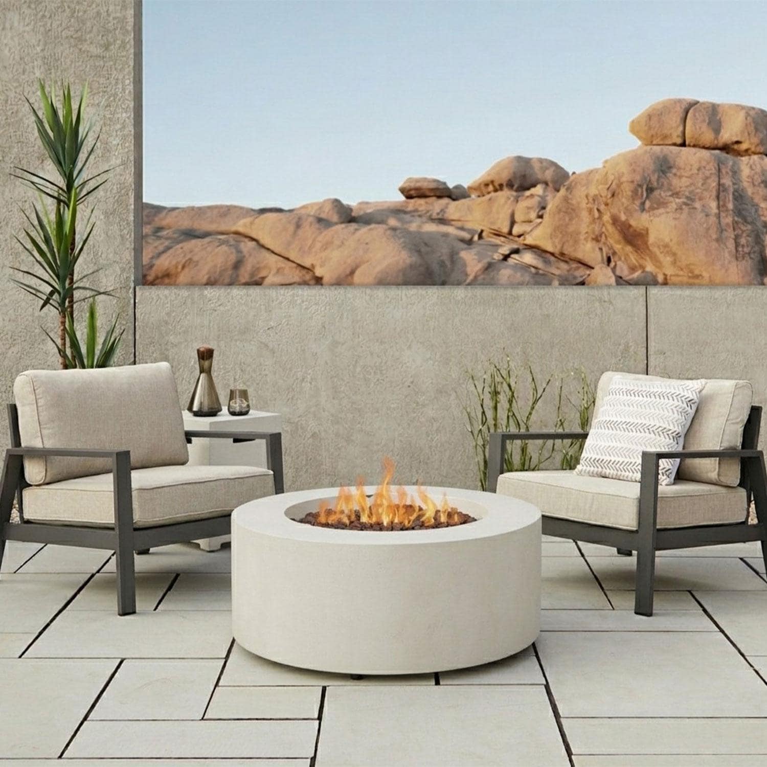 Elysian 4 Pc Steel/Aluminum Fire Pit Seating Set W/ 36-in Fire Pit & Two Club Chairs in Light Sand by Lakeview Outdoor Designs
