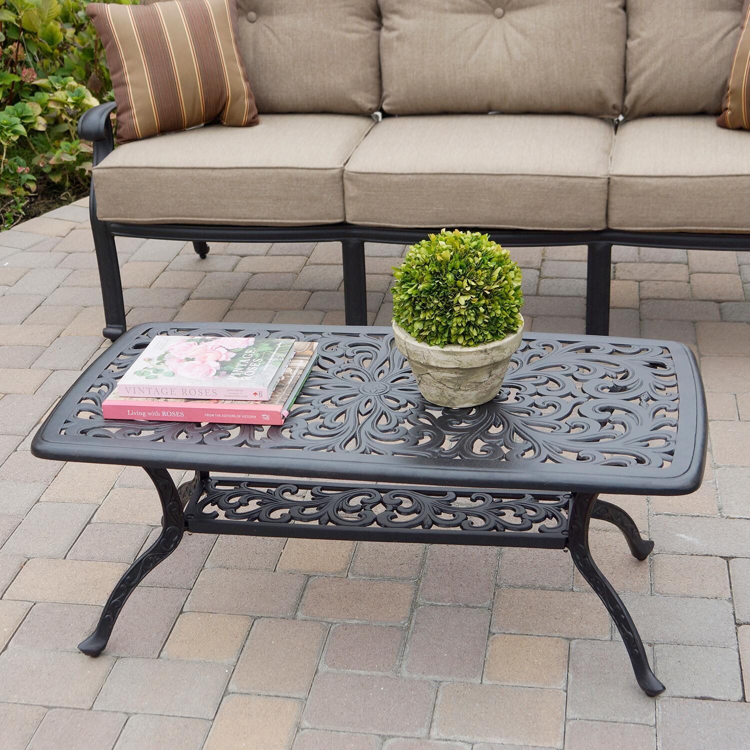 Darlee Elisabeth 3 Pc Cast Aluminum Seating Set w/ 42 X 21 Inch Series 80 Table & Throw Pillows in Antique Bronze/Beige - Table - Lifestyle thumbnail