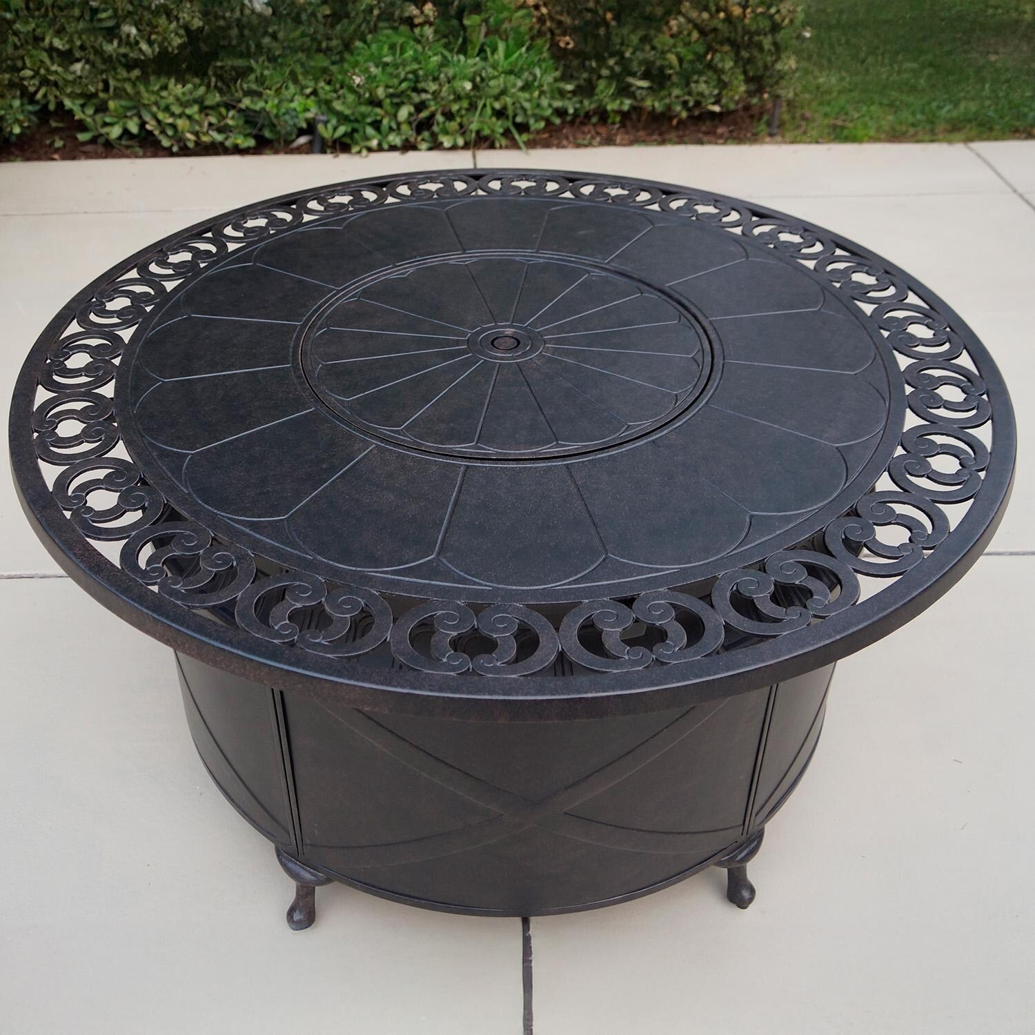 Elisabeth 5 Pc Cast Aluminum Seating Set w/ Fire Pit Table in Antique Bronze by Darlee - Table - Detail thumbnail