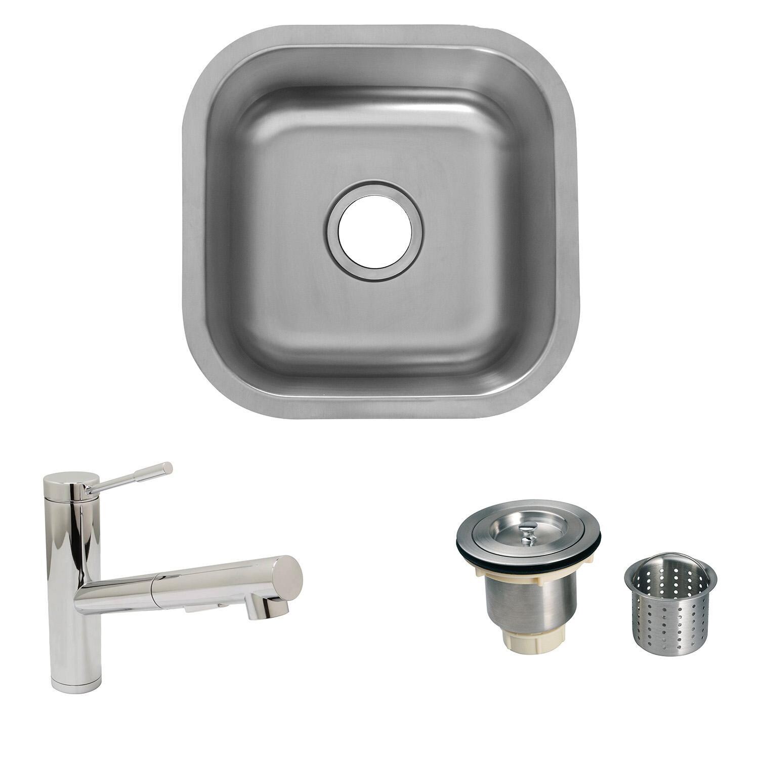 Huntington Brass 16165 + HBK1623901-PF + LI-XD Intrepid 16 X 16 Outdoor Stainless Steel Bar Sink with Huntington Brass Euro Style Pull Out Faucet and Strainer Basket - Bundle - White Background thumbnail