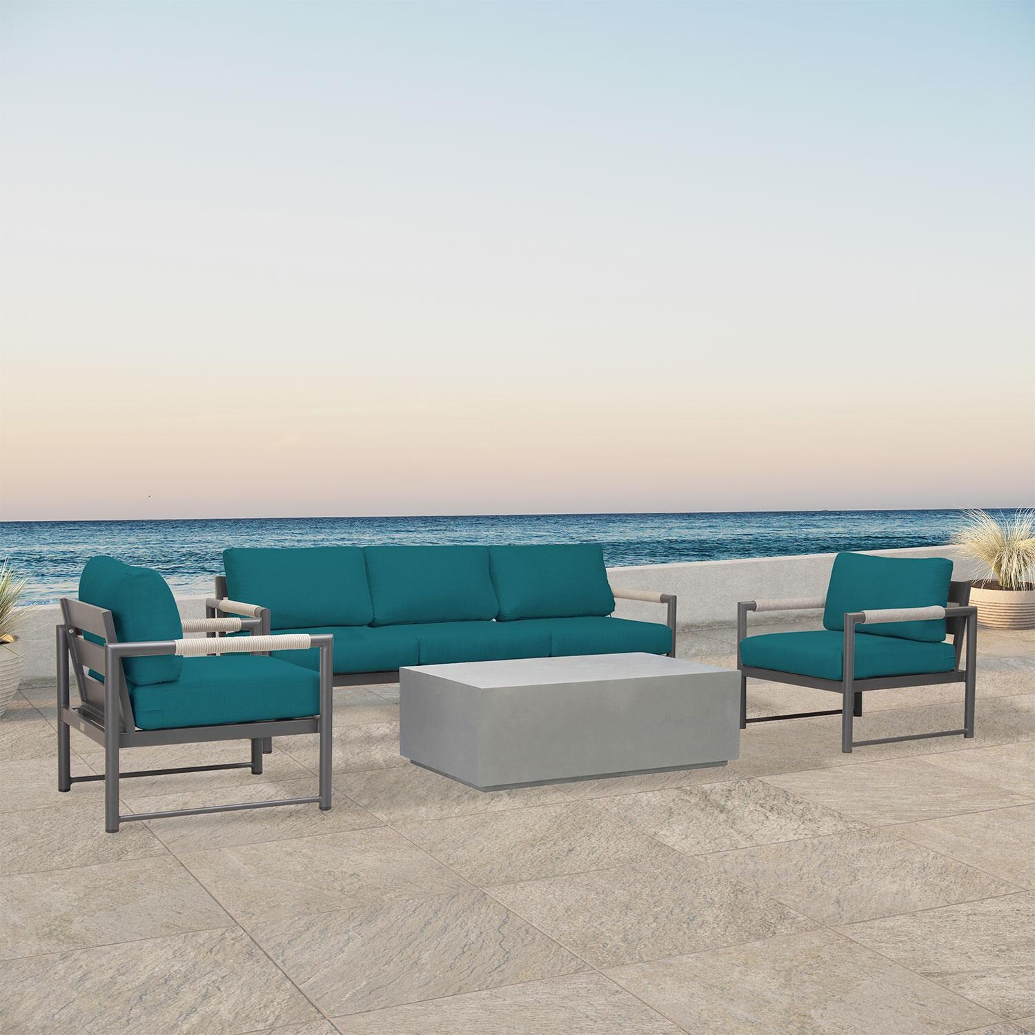 Lakeview AVEBAY-SL-PG-SET135-PC Avenue Bay Slate/Pebble Gray 4 Pc Sofa Set - Spectrum Peacock - Angled On Patio - Lifestyle thumbnail