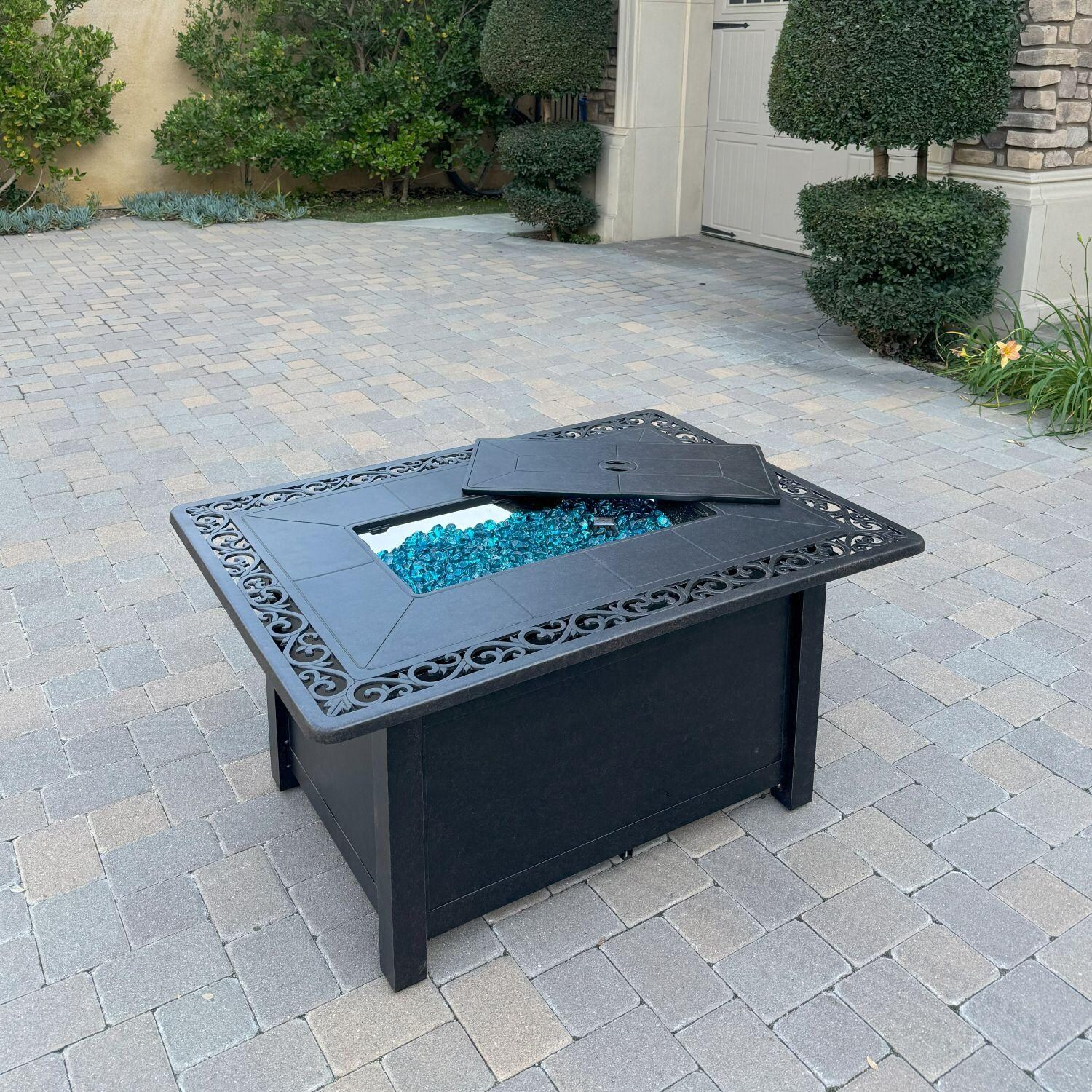 Darlee Cast Aluminum 49 X 35 Rectangular Fire Pit Chat Table - Lid Partially On - Lifestyle thumbnail