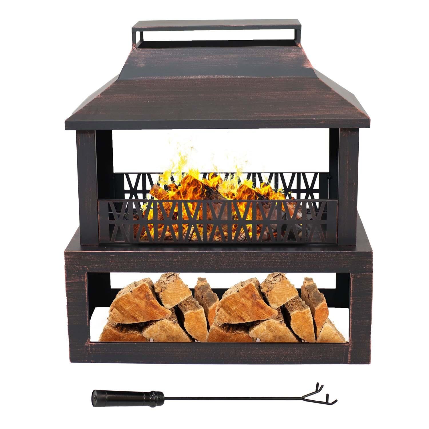 32 Inch Rectangular Steel Wood Burning Fireplace w/ Wood Storage in Bronze By Ultimate Patio - White Background thumbnail
