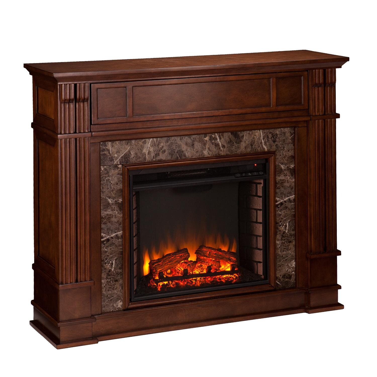 Southern Enterprises Highgate 48-Inch Electric Fireplace Mantel W/ Infrared Heater - Whiskey Maple W/ Chocolate Brown Faux Granite - FI9321 - Angled View thumbnail