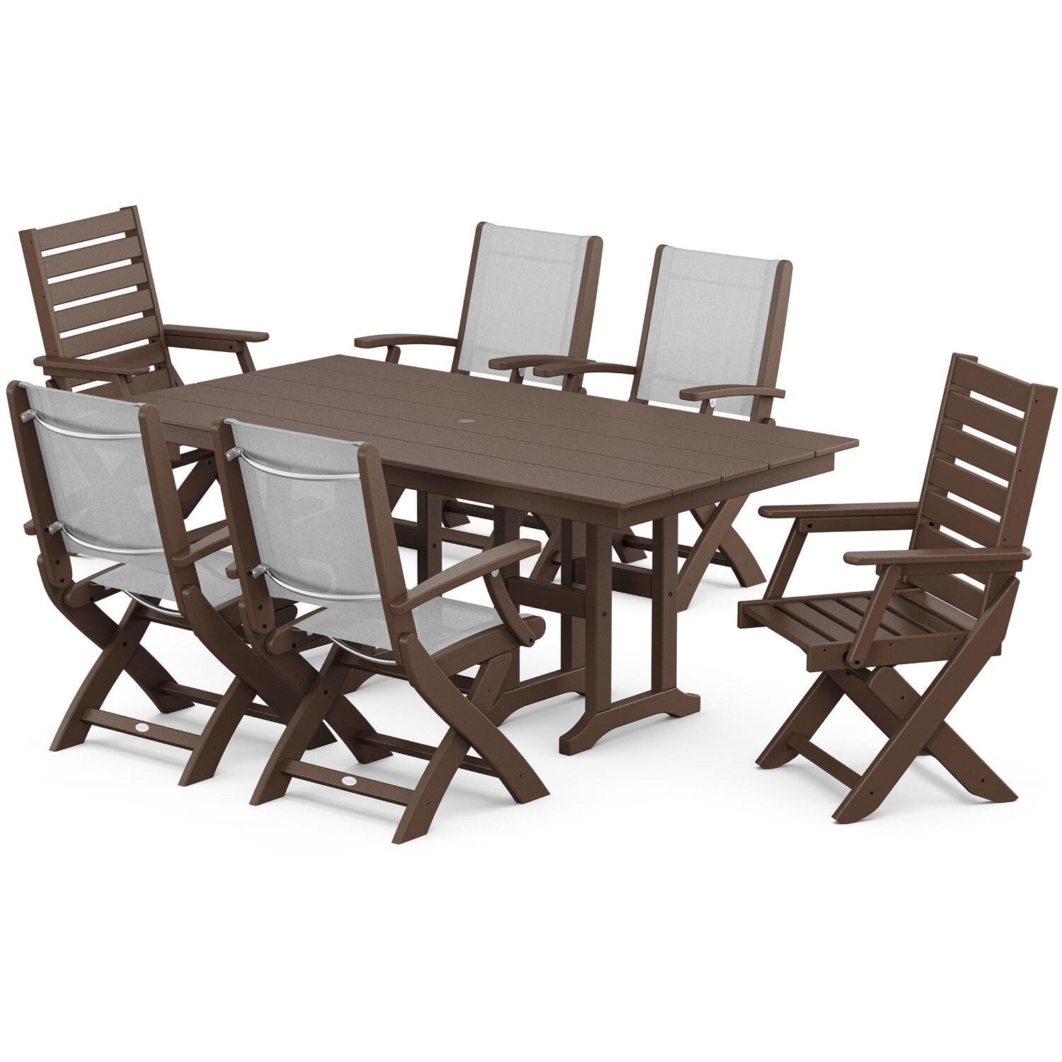 POLYWOOD x BBQGuys Creekside 7 Pc Recycled Plastic Dining Set W/ White Sling in Mahogany