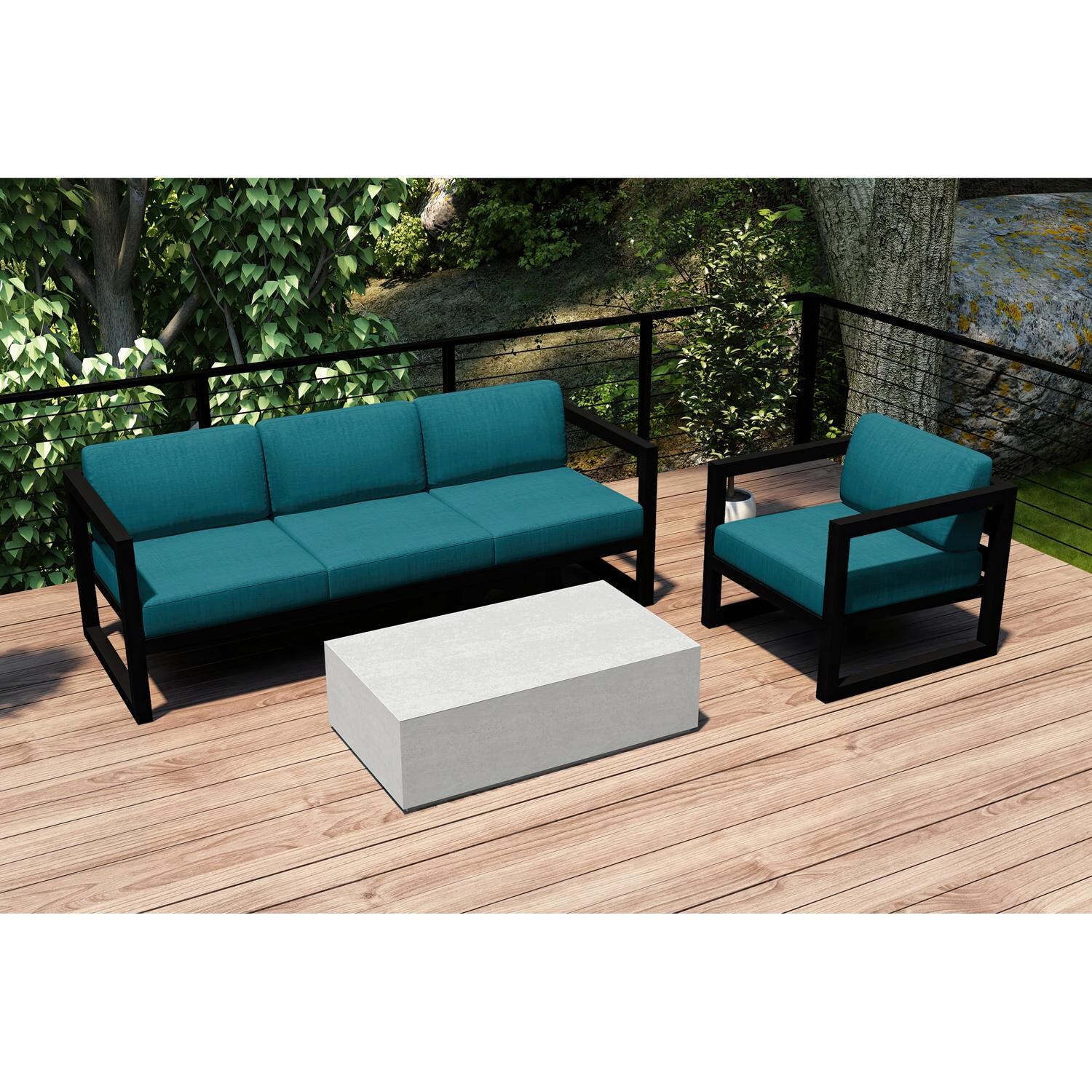 Lakeview MSTYMAS-BK-3SS-PC Misty Cove 3 Pc Aluminum Seating Set in Black w/Mason Coffee Table & Spectrum Peacock Cushions by Lakeview Outdoor Designs - Set on Patio - Lifestyle thumbnail