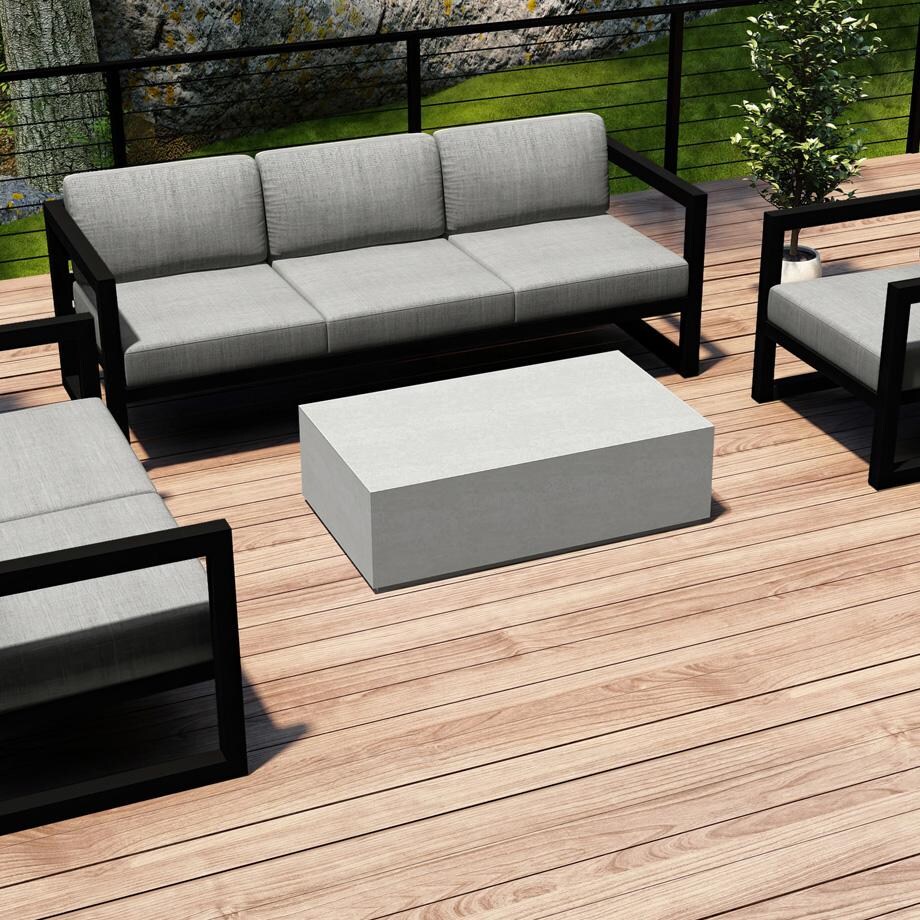 Lakeview MSTYMAS-BK-4SLSS-CS Misty Cove 4 Pc Aluminum Seating Set in Black w/Mason Coffee Table & Cast Silver Cushions by Lakeview Outdoor Designs - Set on Patio Cropped - Lifestyle thumbnail
