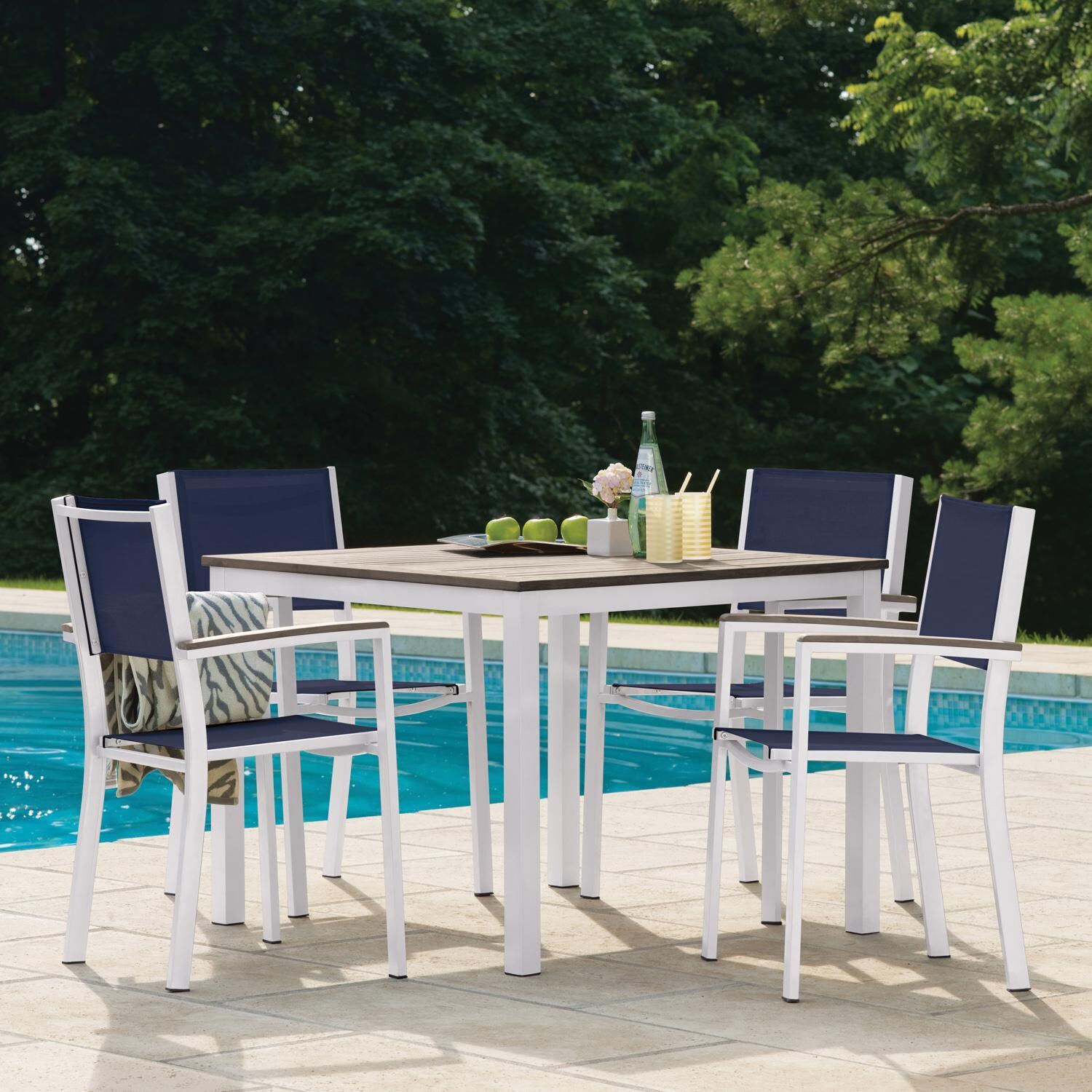 Oxford Garden Travira 5 Pc Composite Sling & Aluminum Dining Set W/ Vintage Tekwood Arm Caps & Table Top in Chalk/Ink Pen thumbnail