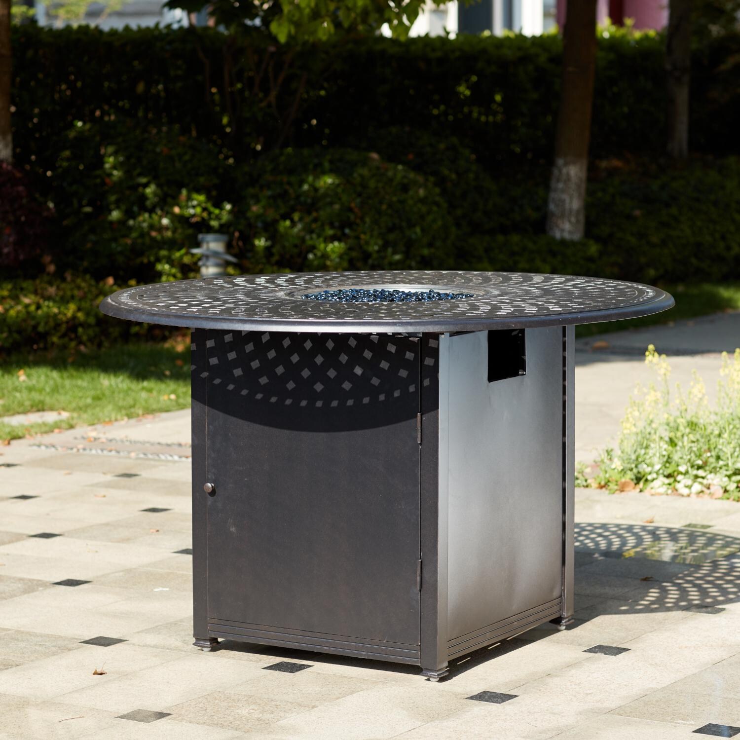 Darlee 201030-7PC-60GHD Sedona 7 Piece Cast Aluminum Patio Counter Height Fire Pit Bar Set W/ 60 Inch Round Table & Sesame Cushions - Fire Pit Table thumbnail