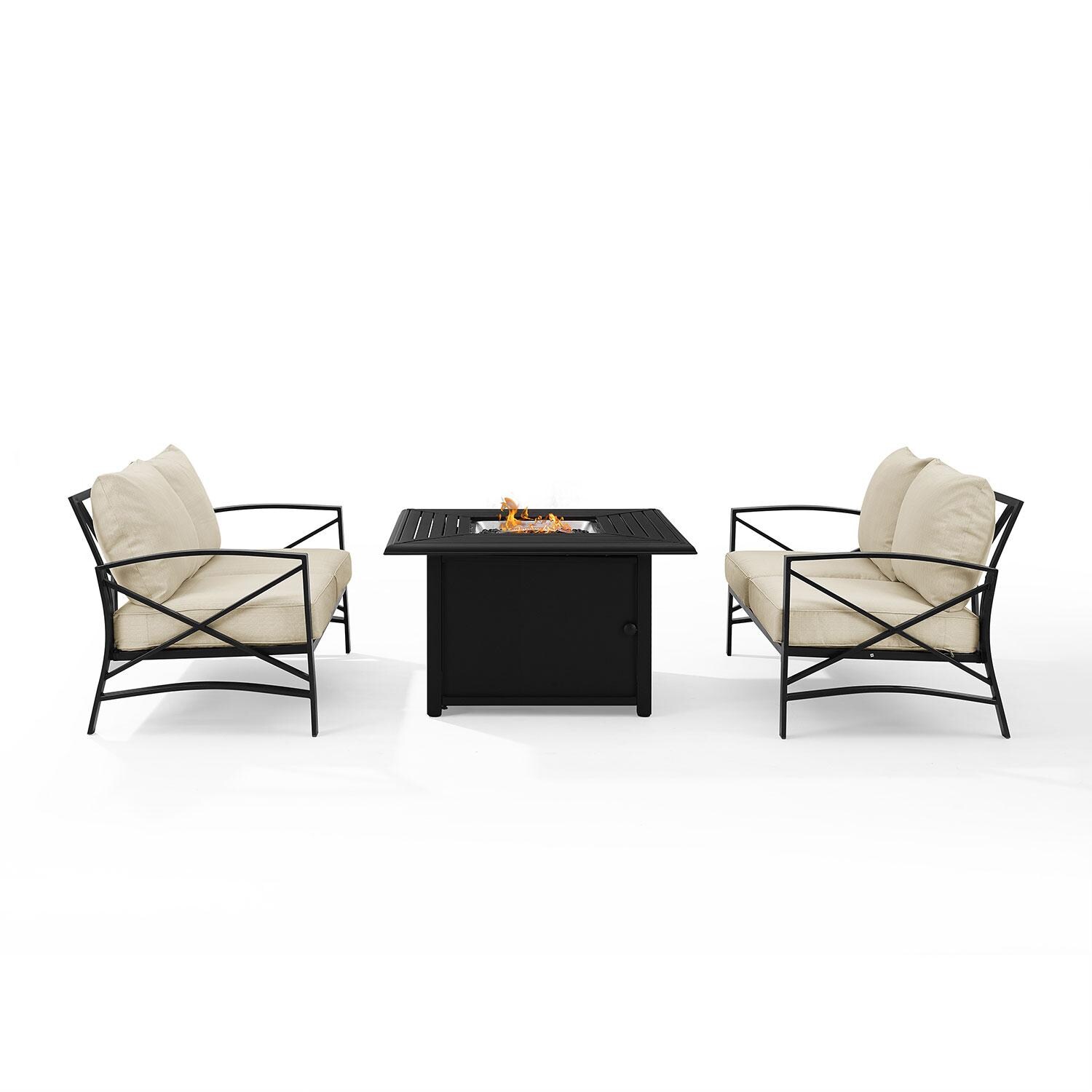 Ultimate Patio UP-82271BZ-OL 3Pc Outdoor Loveseat Set W/ Fire Table in Oatmeal - Front View - White Background thumbnail