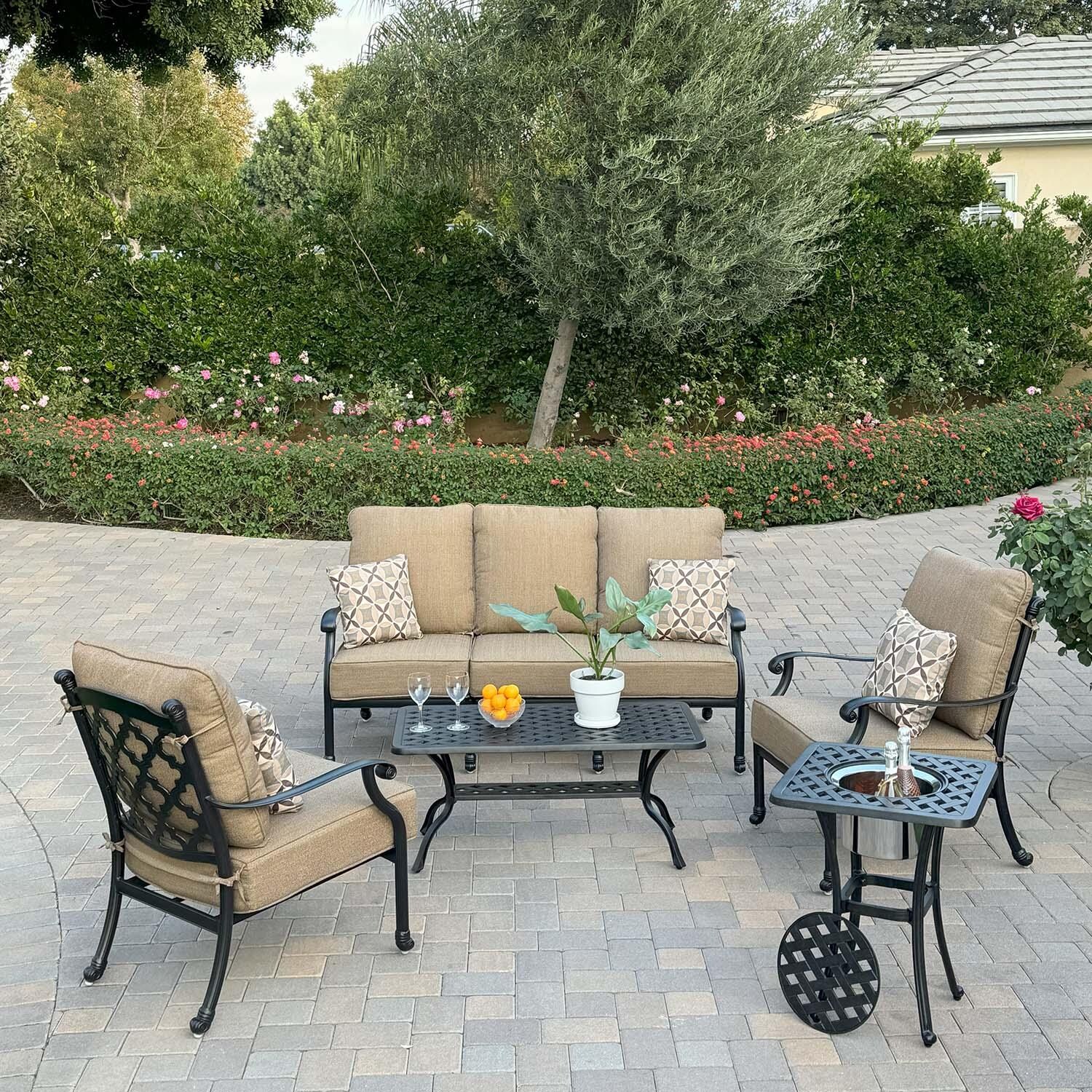 Madison 5 Pc Cast Aluminum Seating Set w/ 42 X 21 Inch Table in Antique Bronze/Sesame by Darlee