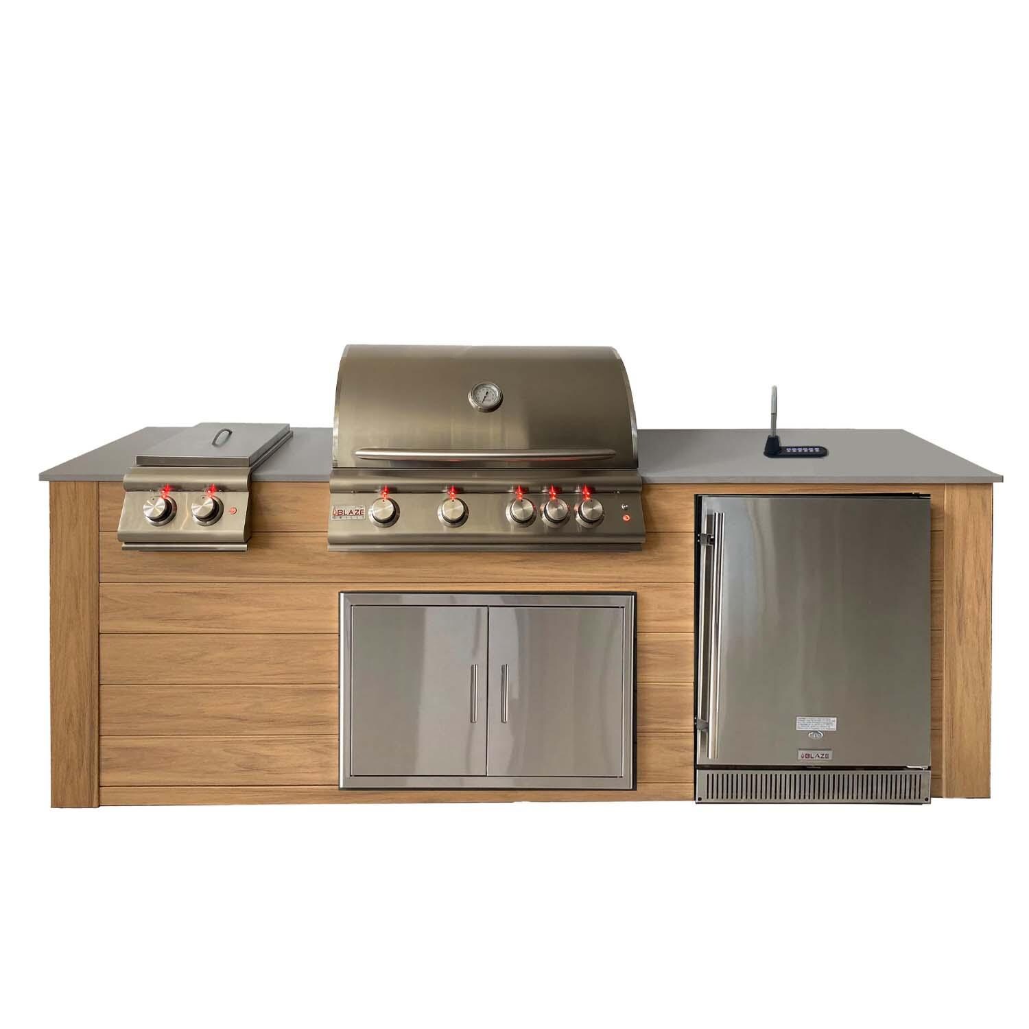 Pro-Fit 8-Foot Outdoor Kitchen Island W/ Blaze LTE 32-Inch Natural Gas Grill, Double Side Burner, Refrigerator & Beverage Dispenser - Golden Cypress / Grigio Cemento Satin