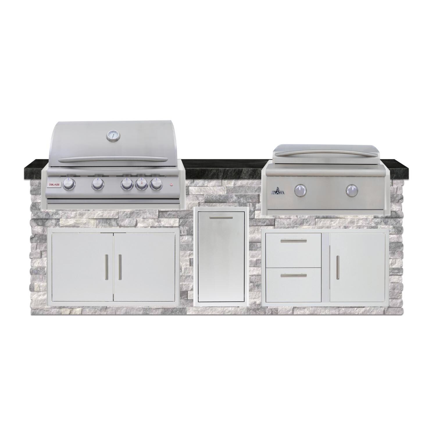 BBQGuys Signature 8 Ft Grill Island w/ 32 Inch Natural Gas Blaze Premium LTE+ Grill & Griddle, Narrow Trash Bin & Door & Drawer | Alaska Gray w/ Black Granite - Front - White Background thumbnail