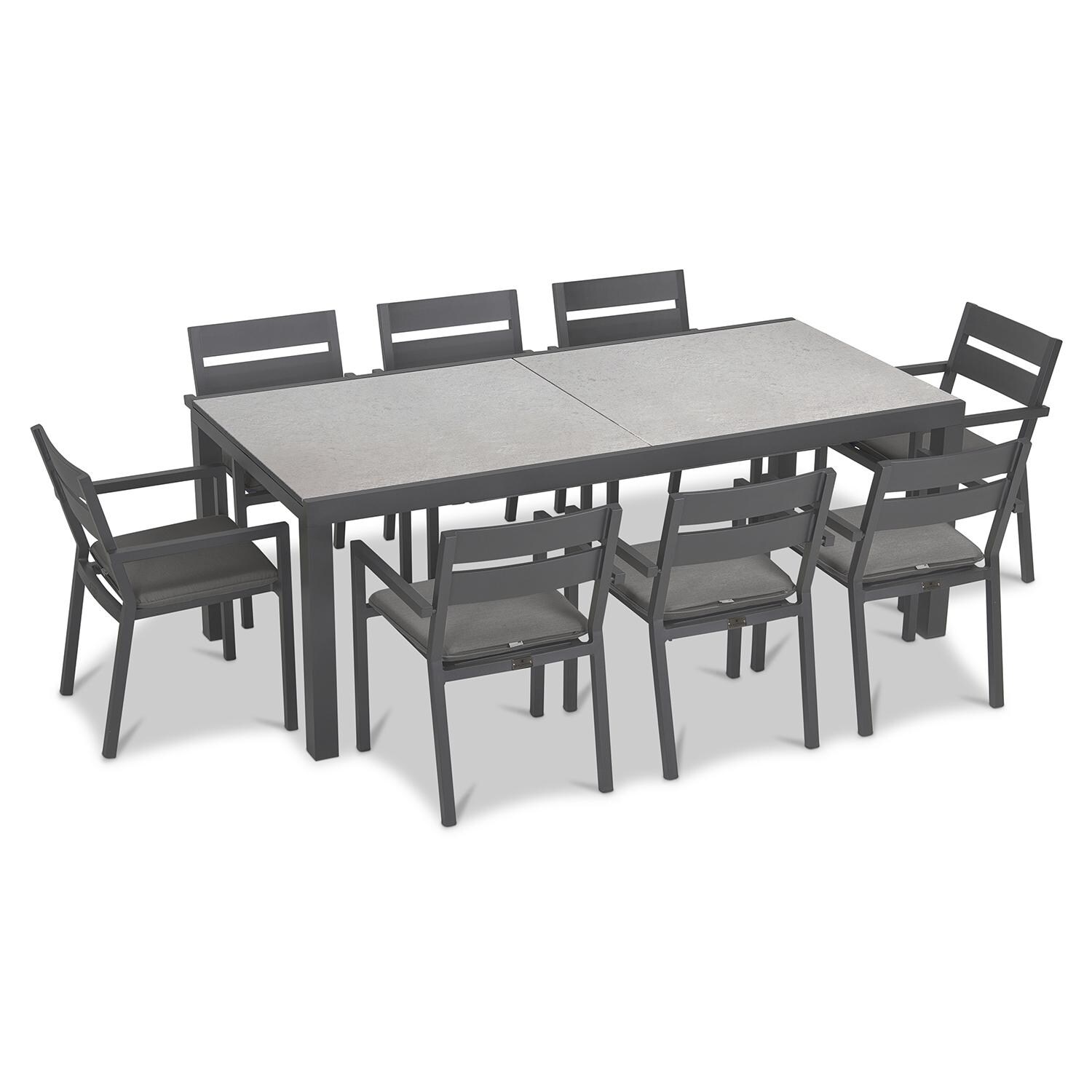Calm Bay 9 Pc Extendable Aluminum Dining Set in Slate/Concrete/Canvas Charcoal by Lakeview Outdoor Designs