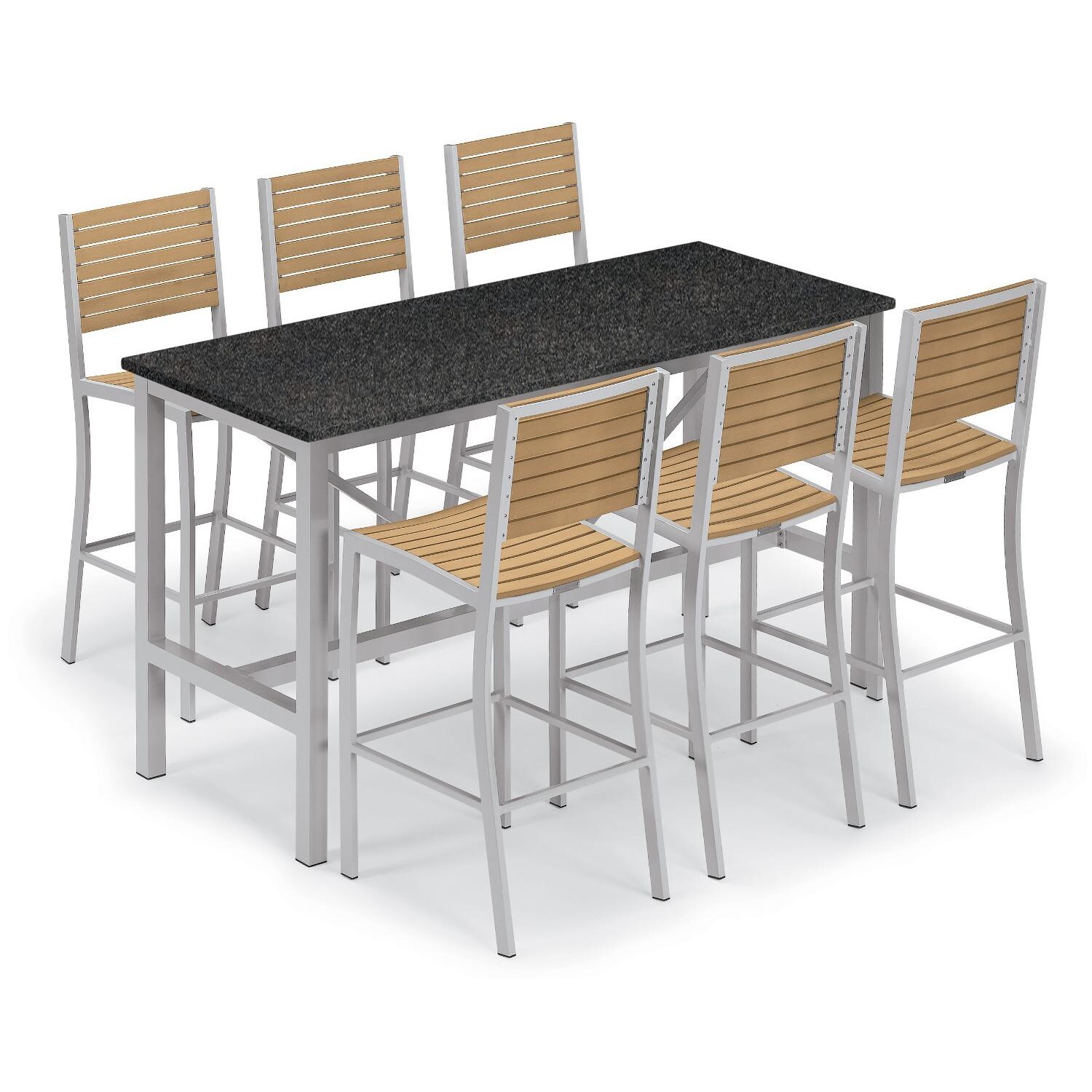 Travira 7 Piece Aluminum Patio Bar Set W/ 72 X 30 Inch Retangular Lite-Core Charcoal Table and Tekwood Natural Bar Stools By Oxford Garden thumbnail