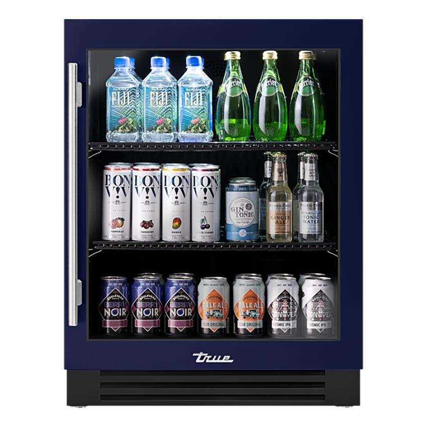 True TURADA-24-RG-A~078-H04 ADA Height 24 Inch 5 Cu. Ft. Right Hinge Glass Door Outdoor Refrigerator in Cobalt w/ Stainless Steel Handles - White Background thumbnail