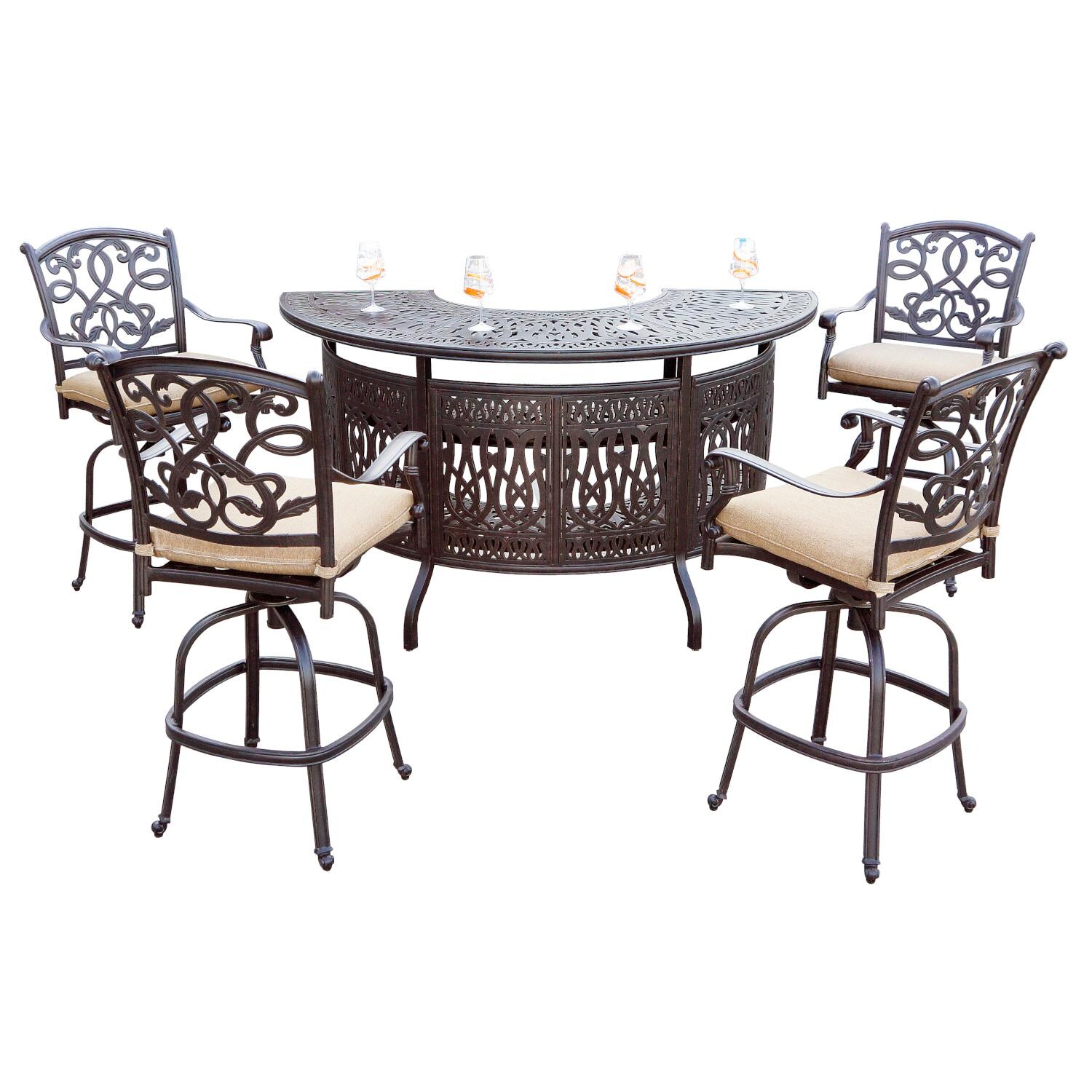 Darlee DL2052-5PC-707K Santa Monica 5 Piece Cast Aluminum Party Bar Set W/ Swivel Bar Stools & Sesame Cushions thumbnail
