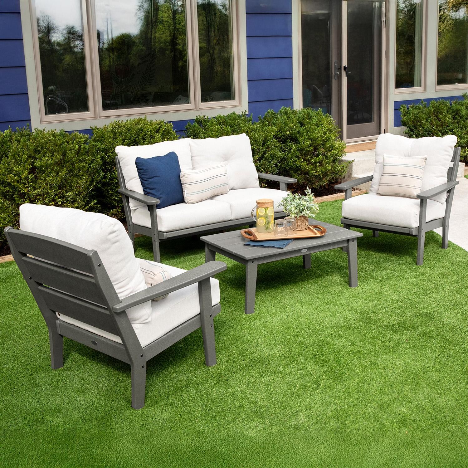 POLYWOOD Lakeside 4-Piece Deep Seating Set - Slate Grey / Natural Linen - Lifestyle thumbnail