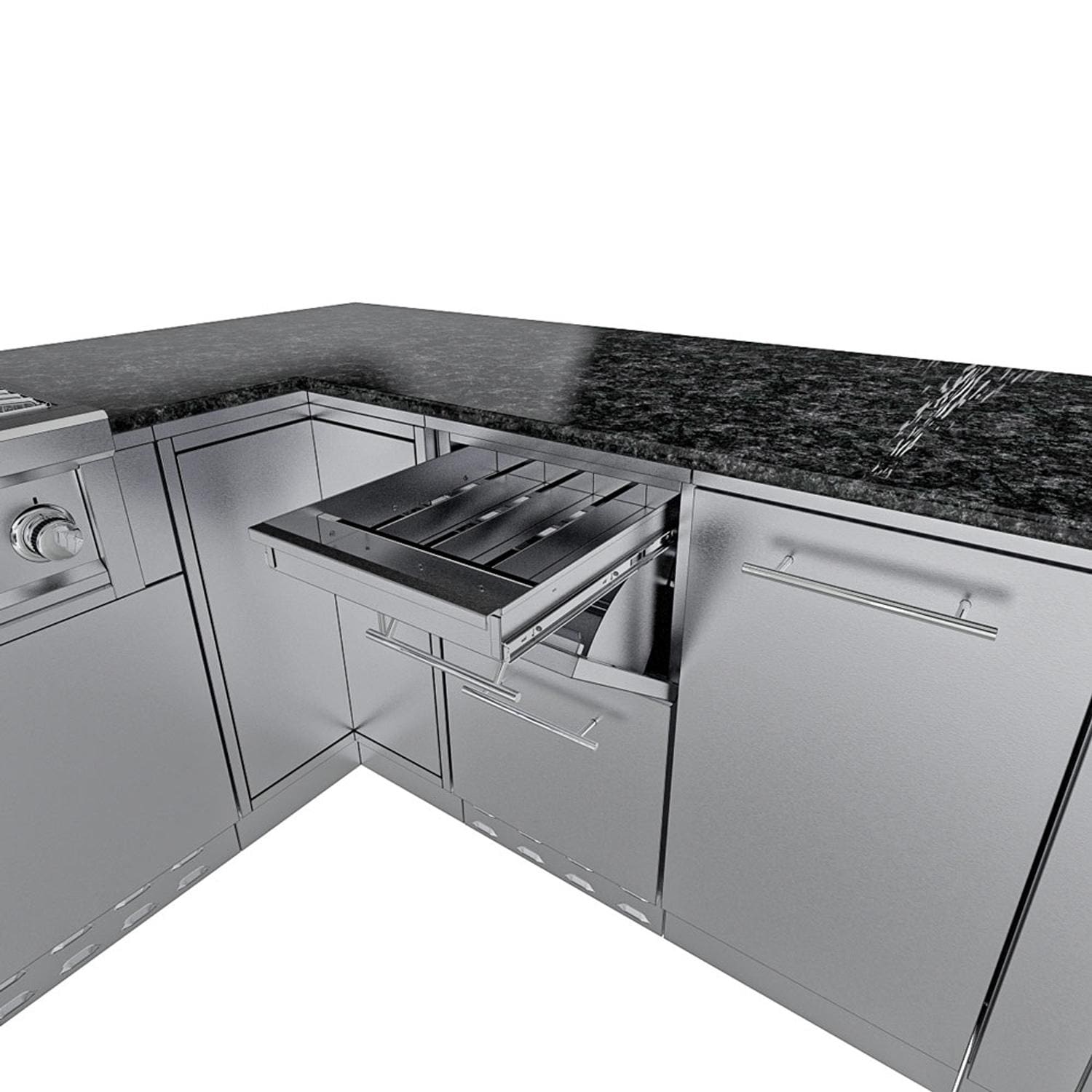 Sunstone Grills SCPRANCHER8.10BY11-LP Rancher 11 Ft Outdoor Kitchen Island w/ Propane Grill & Side Burner, Sink, Refrigerator, Trash Bin, Door & Drawer - Storage 3 - White Background thumbnail