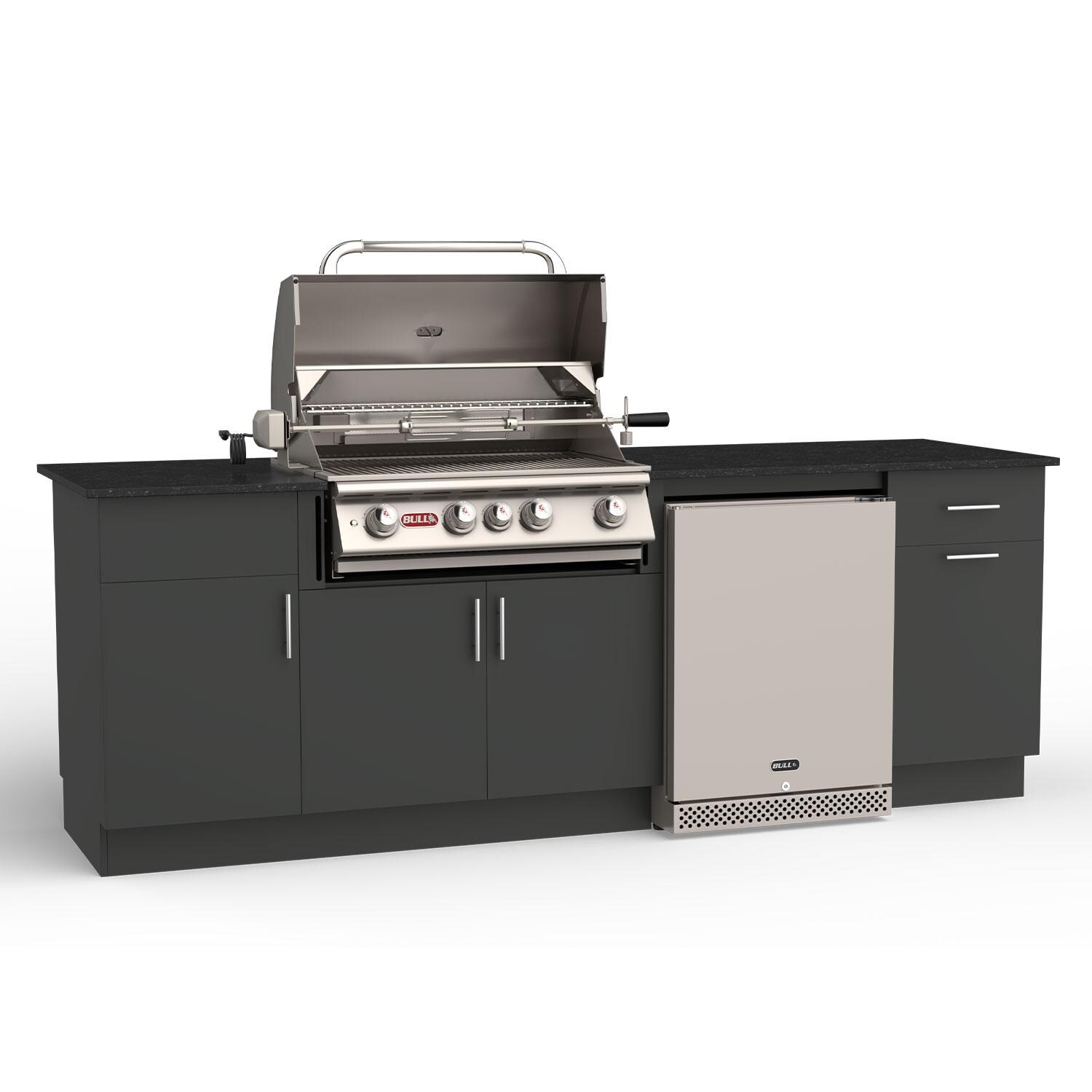 Bull Myrtle Beach DuraBull 8 Ft Outdoor Kitchen Island w/ Angus 30-in Natural Gas Grill, Refrigerator, & Trash Bin in Charcoal Grey/Midnight Black Granite