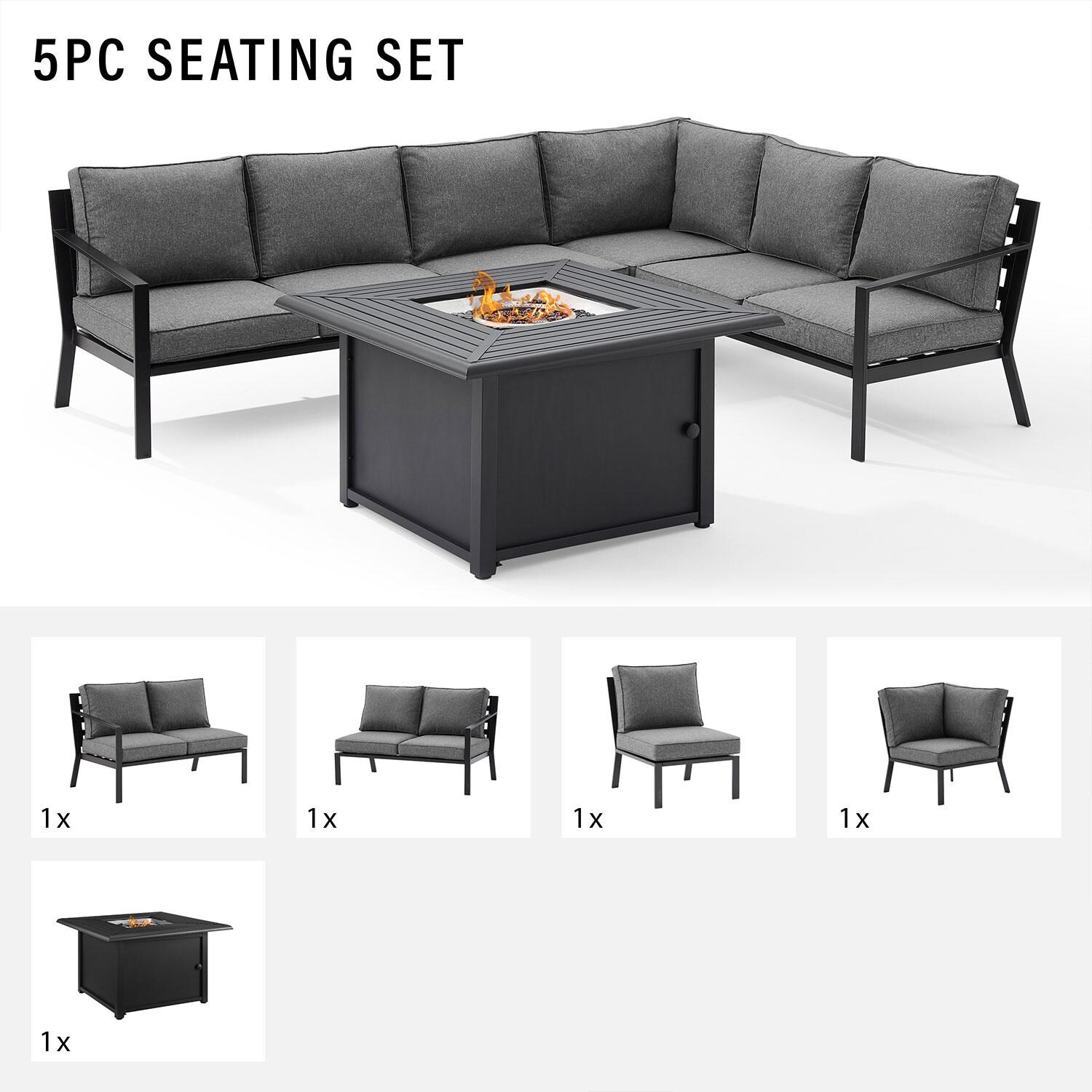 Ultimate Patio UP-92608MB-CL 5Pc Outdoor Sectional Set W/ Fire Table in Charcoal Gray - Included in Set (Left Amr Section, Right Arm Section, Middle Section, Club Chair, & Fire Table) - Diagram thumbnail