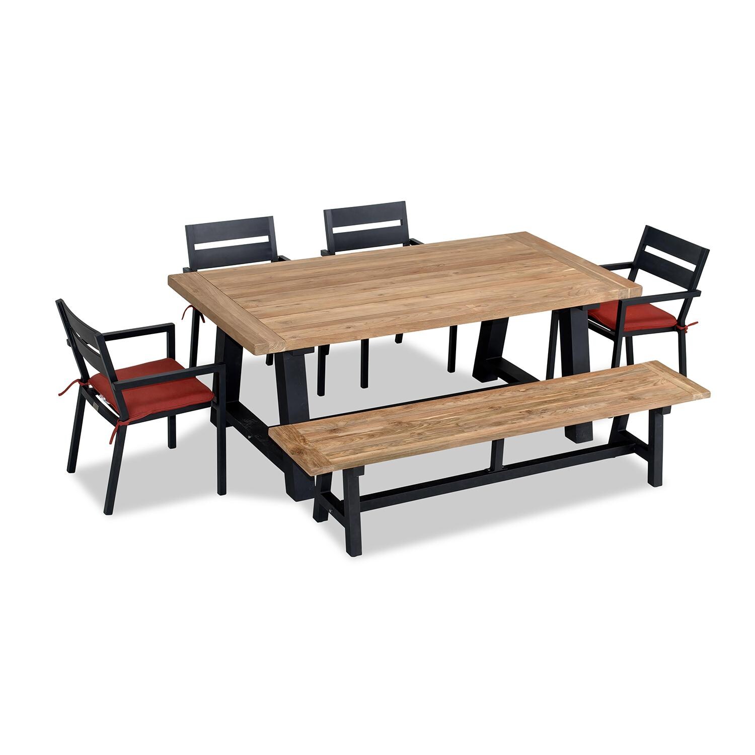 Calm Bay Mill 7 Pc Reclaimed Teak Dining Set w/ Bench in Black/Canvas Henna by Lakeview - White Background thumbnail