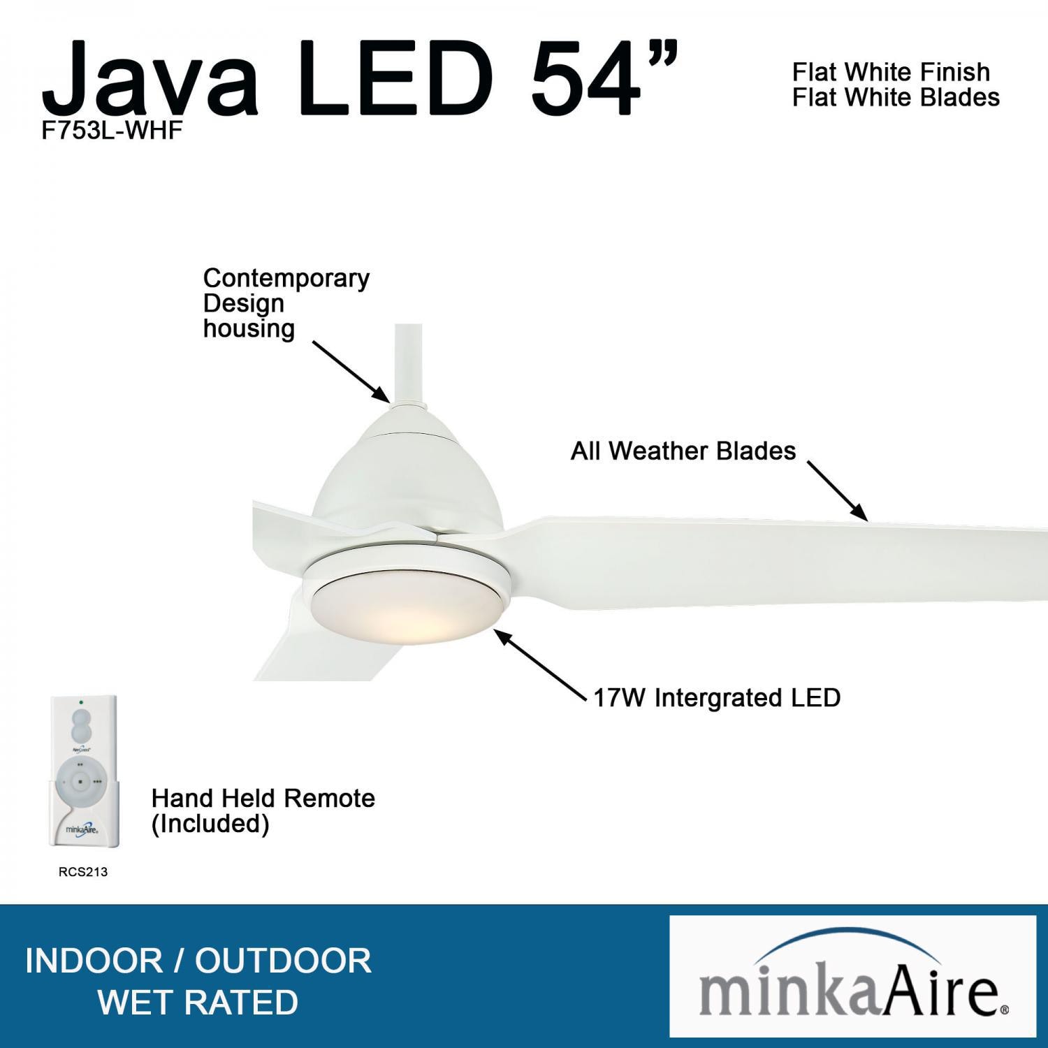 Minka-Aire F753L-WHF Java 54-Inch 3-Blade Ceiling Fan in Flat White Finish w/ Flat White Blades & Etched Opal Glass - Details thumbnail
