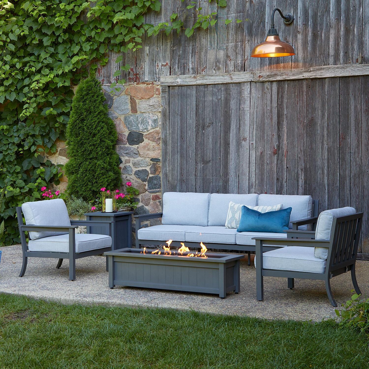 Lakeview Cabin Way 5-Piece Conversation Set W/ 50-Inch Propane Fire Pit, Sofa, Chairs & Tank Cover thumbnail