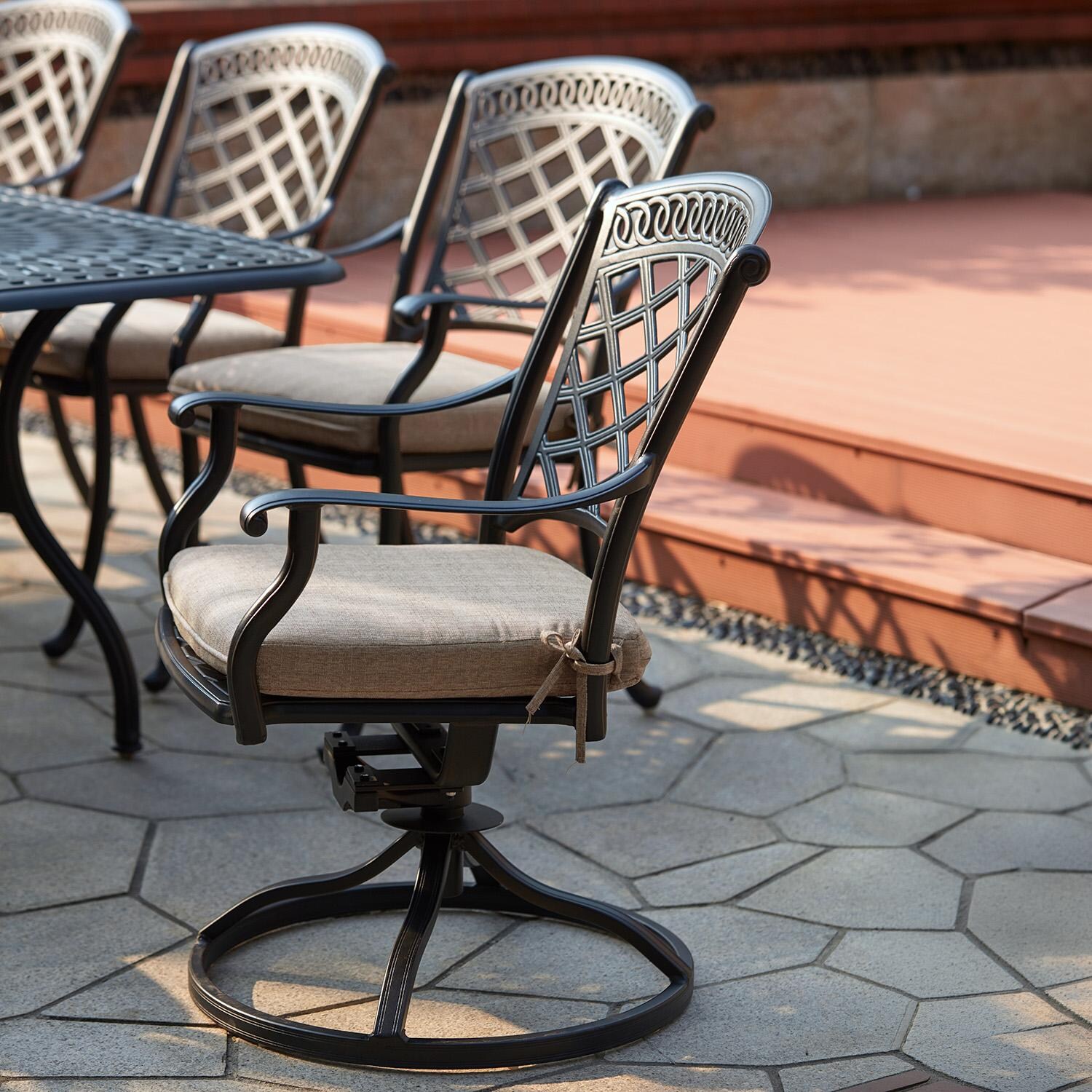 Darlee Sedona 11 Pc Cast Aluminum Patio Dining Set w/ 92 x 42 Inch Rectangular Extension Table & Beige Canvas Cushions - Swivel Chair on Patio - Lifestyle thumbnail