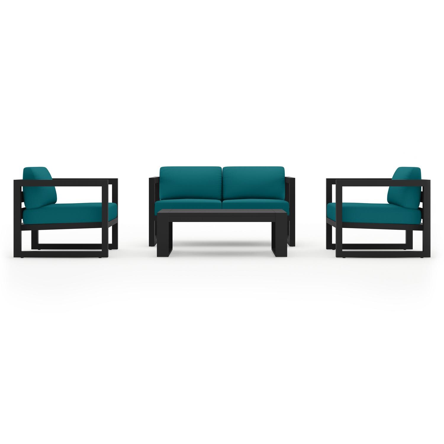 Misty Cove 4 Pc Aluminum Seating Set w/ Portal Coffee Table in Black/Spectrum Peacock by Lakeview Outdoor Designs