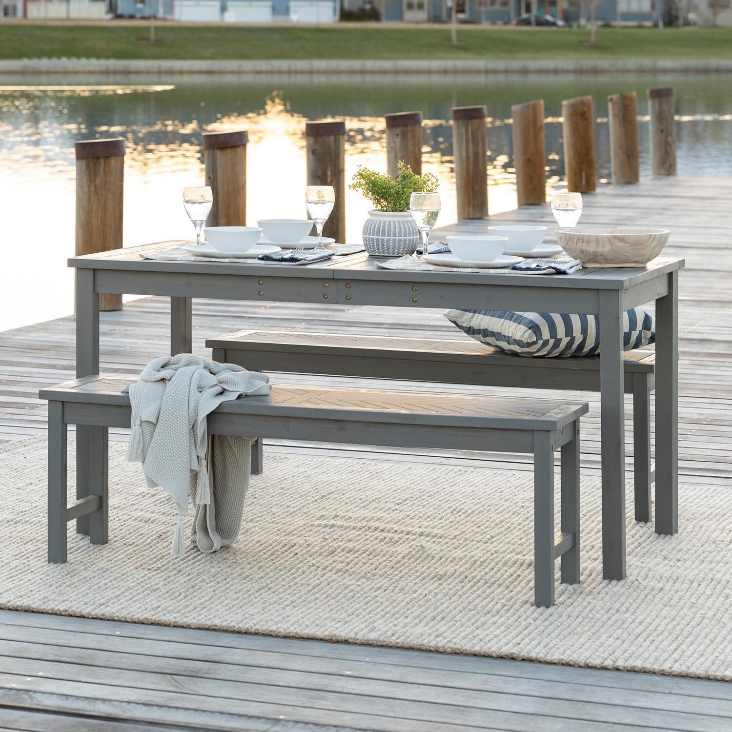 Walker Edison Vincent 3 Piece Acacia Patio Dining Set W/ 60 X 32 Inch Rectangular Table - Grey Wash image