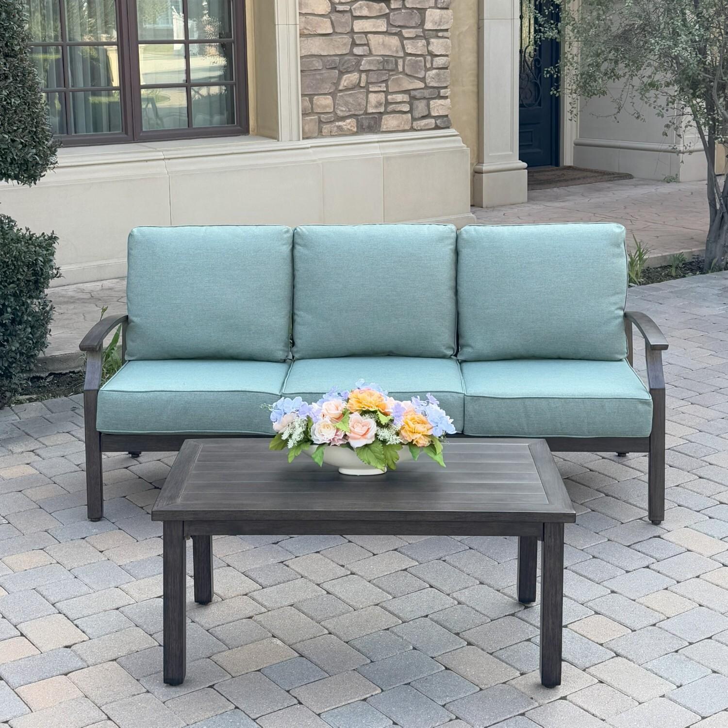 Atlantis 2 Pc Aluminum Seating Set in Walnut/Spa by Darlee - Hero - Lifestyle thumbnail