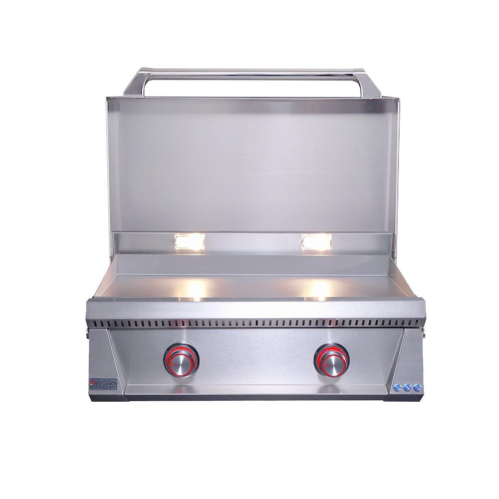 Le Griddle Pro Series 75 30-in 2 Burner Built-In Natural Gas Flat Top Grill w/ 3mm Plate & Lid - Open Lid on Grill - White Background thumbnail