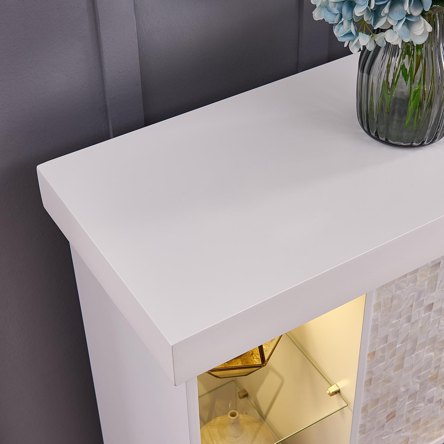 Southern Enterprises FS9621 Colworth 55-Inch Electric Fireplace Media Console W/ Alexa-Enabled Smart Firebox - White W/ Tile Surround - Corner Detail thumbnail