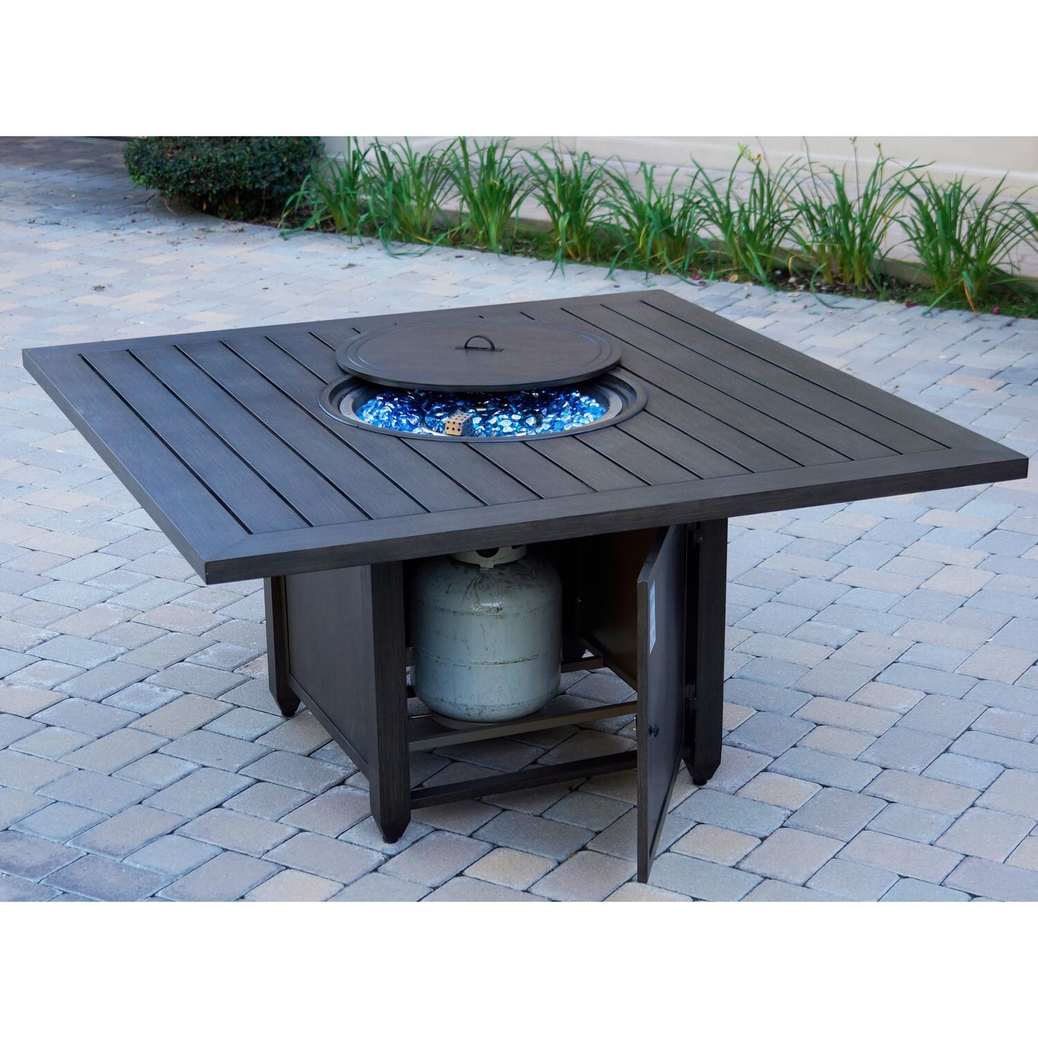 Darlee Brooklyn 9 Piece Aluminum Patio Dining Set W/ 60-Inch Square Propane Fire Pit Dining Table & Sesame Cushions - Table - Fire Pit & Tank Storage Open thumbnail