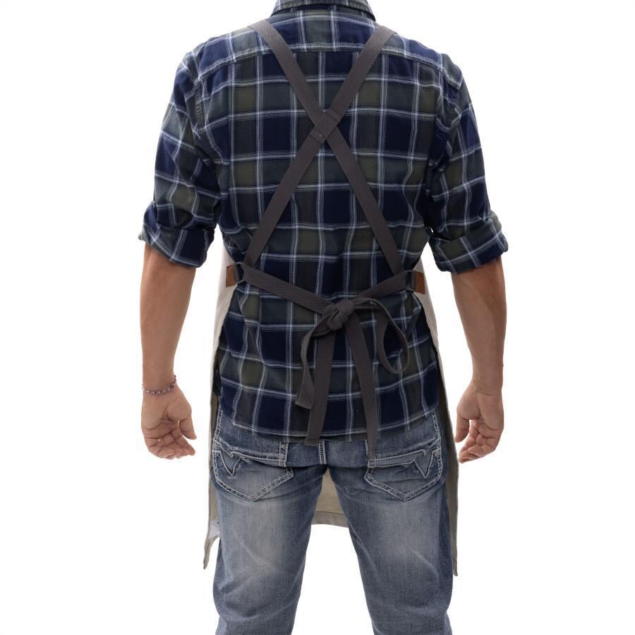 Barebones Living CKW-478 Chef Grilling Apron - Stone Rear View With Straps Tied Behind - White Background thumbnail