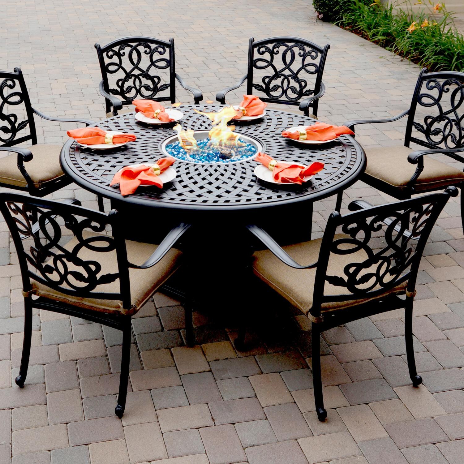 Santa Monica 7 Pc Cast Aluminum Fire Pit Dining Set w/ 60 Inch Round Signature Table in Antique Bronze/Sesame by Darlee