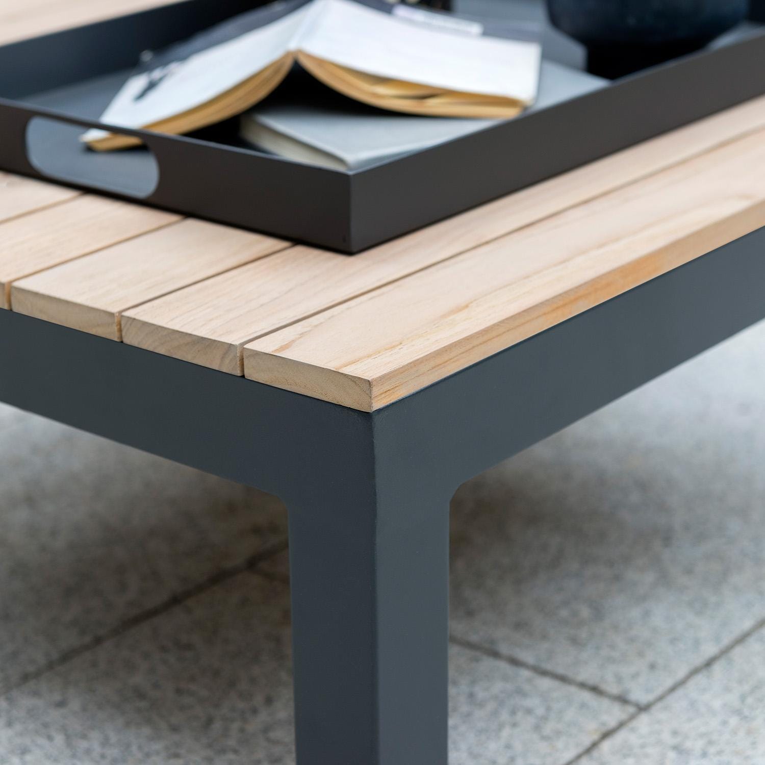 Elba 6 Pc Aluminum Seating Set w/ Teak Tabletop in Charcoal / Cast Silver - Table Corner - Detail thumbnail