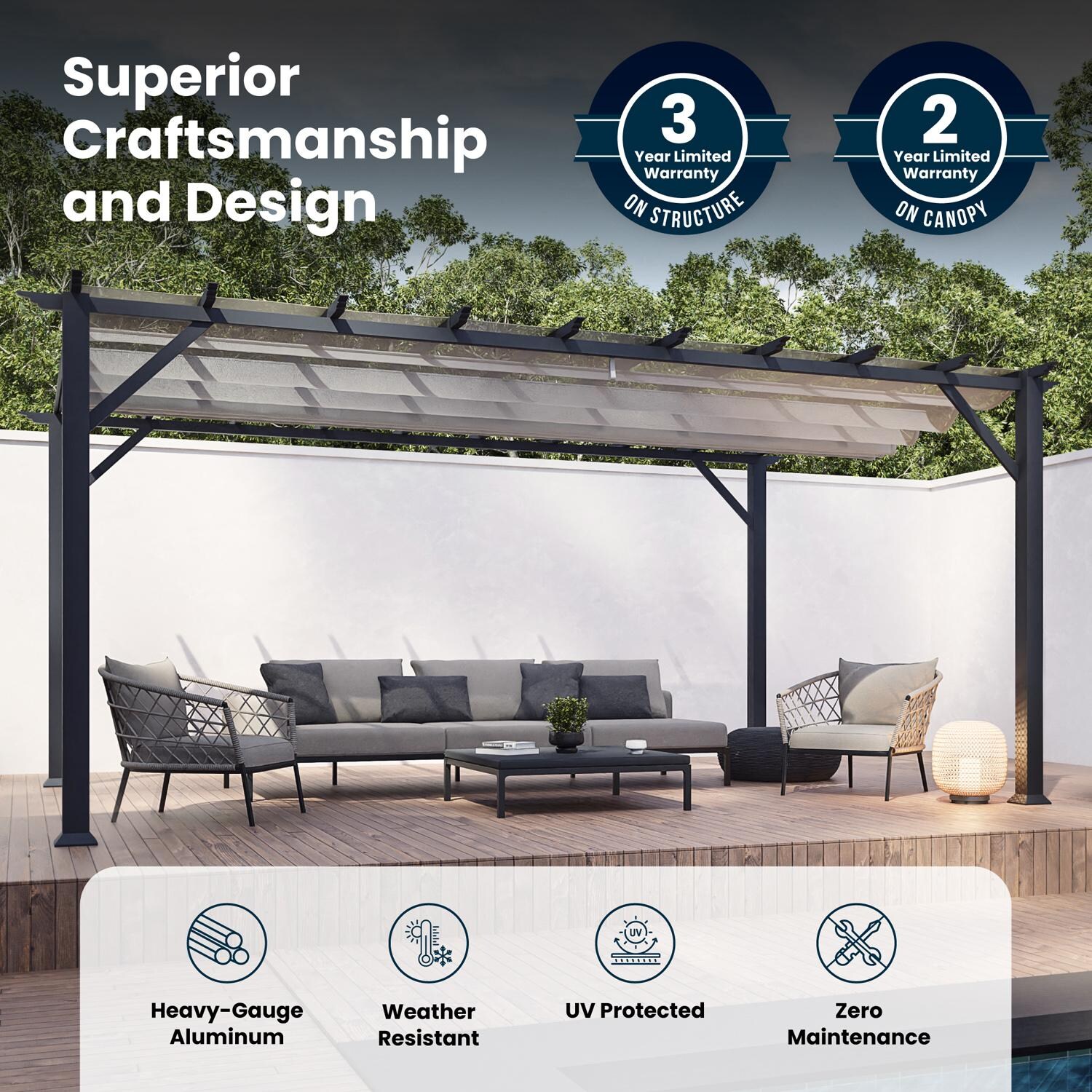 Paragon Outdoor PR16GRYG Florence 11' x 16' Gray Pergola w/ Gray Canopy - Superior Craftmanship & Design - Detail thumbnail