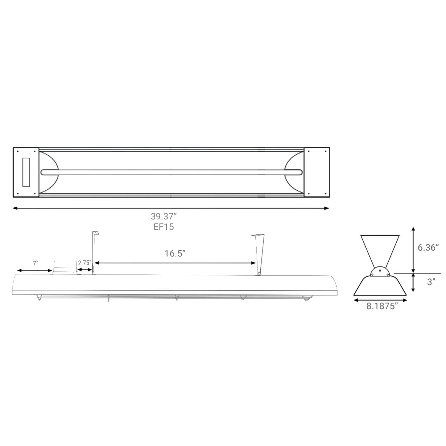 Eurofase EF15120S Plug-In Series 39-Inch 1500 Watt Single Element 120V Electric Infrared Patio Heater In Stainless Steel - Dimensional thumbnail