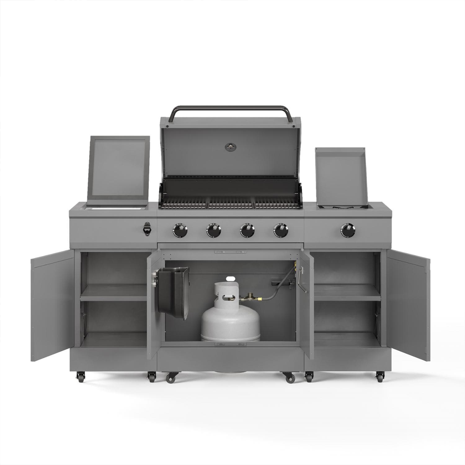 TYTUS Fresno Series 5-Burner Propane Island Grill in Gunmetal w/ Cover & Griddle - Cabinets Open - White Background thumbnail