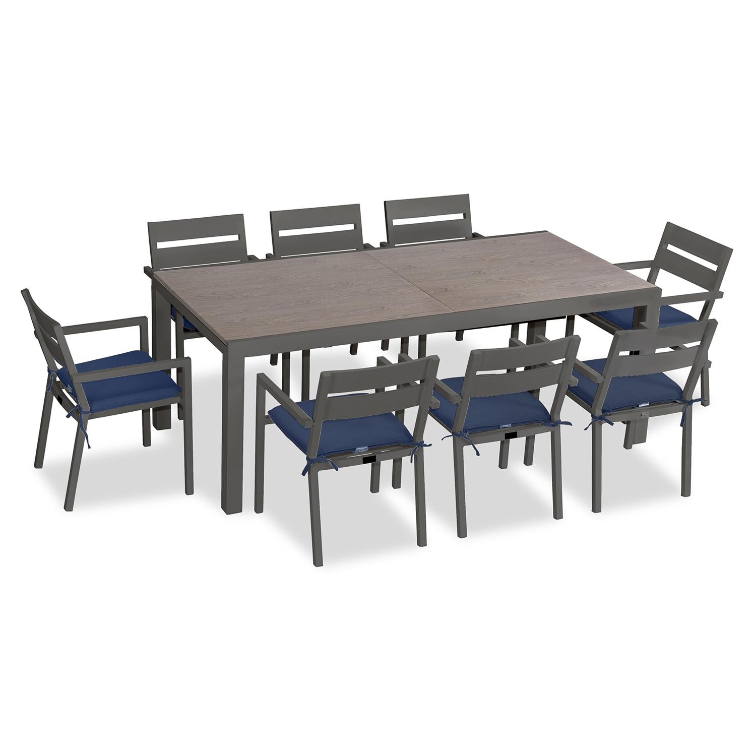 Calm Bay 9 Pc Extendable Aluminum Dining Set in Slate/Barnwood/Spectrum Indigo by Lakeview Outdoor Designs
