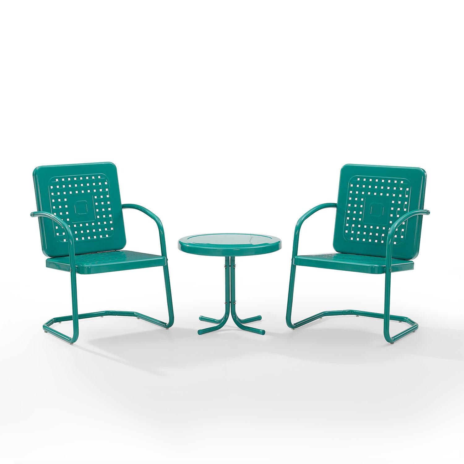 Ultimate Patio UP-32252TU 3Pc Retro Outdoor Chair Set in Turquoise W/ Turquoise Gloss Table - Angled Inward - White Background thumbnail