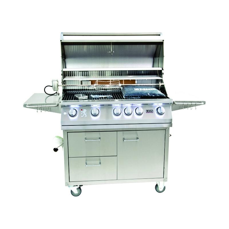 Lion 40-Inch L90000 Stainless Steel Propane Gas Grill On Cart - Lid Open Lights On - White Background thumbnail